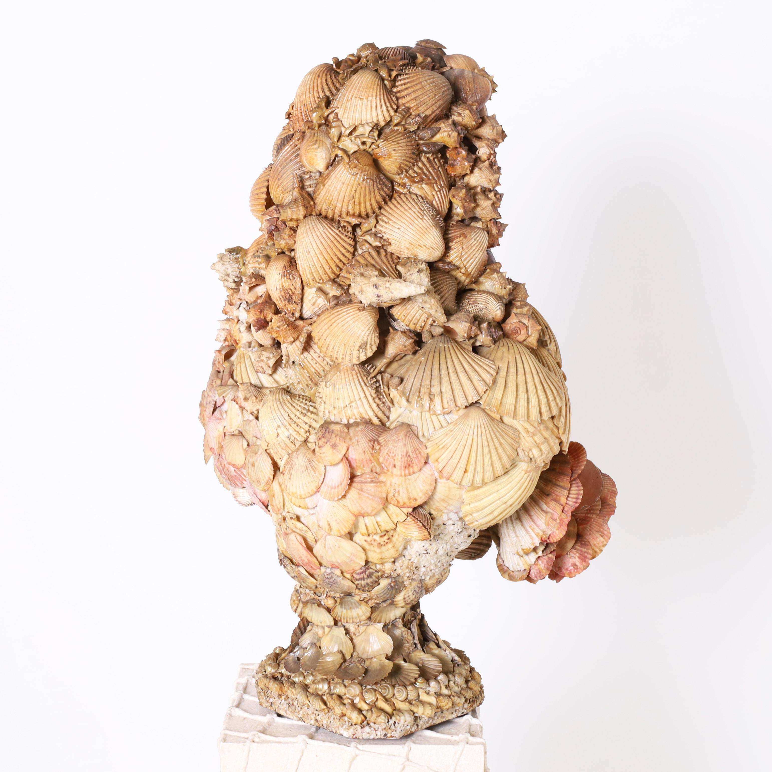 Vintage Seashell Encrusted Grotto Style Bust and Pedestal 1