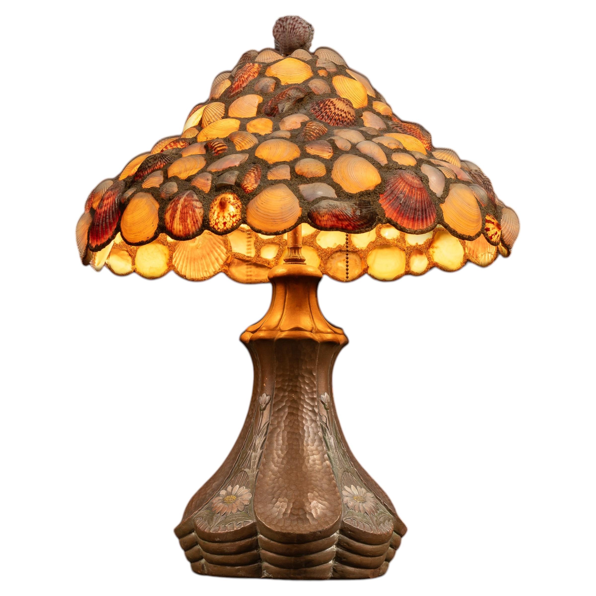 Vintage Seashell Mosaic Table Lamp with Painted Ceramic Base