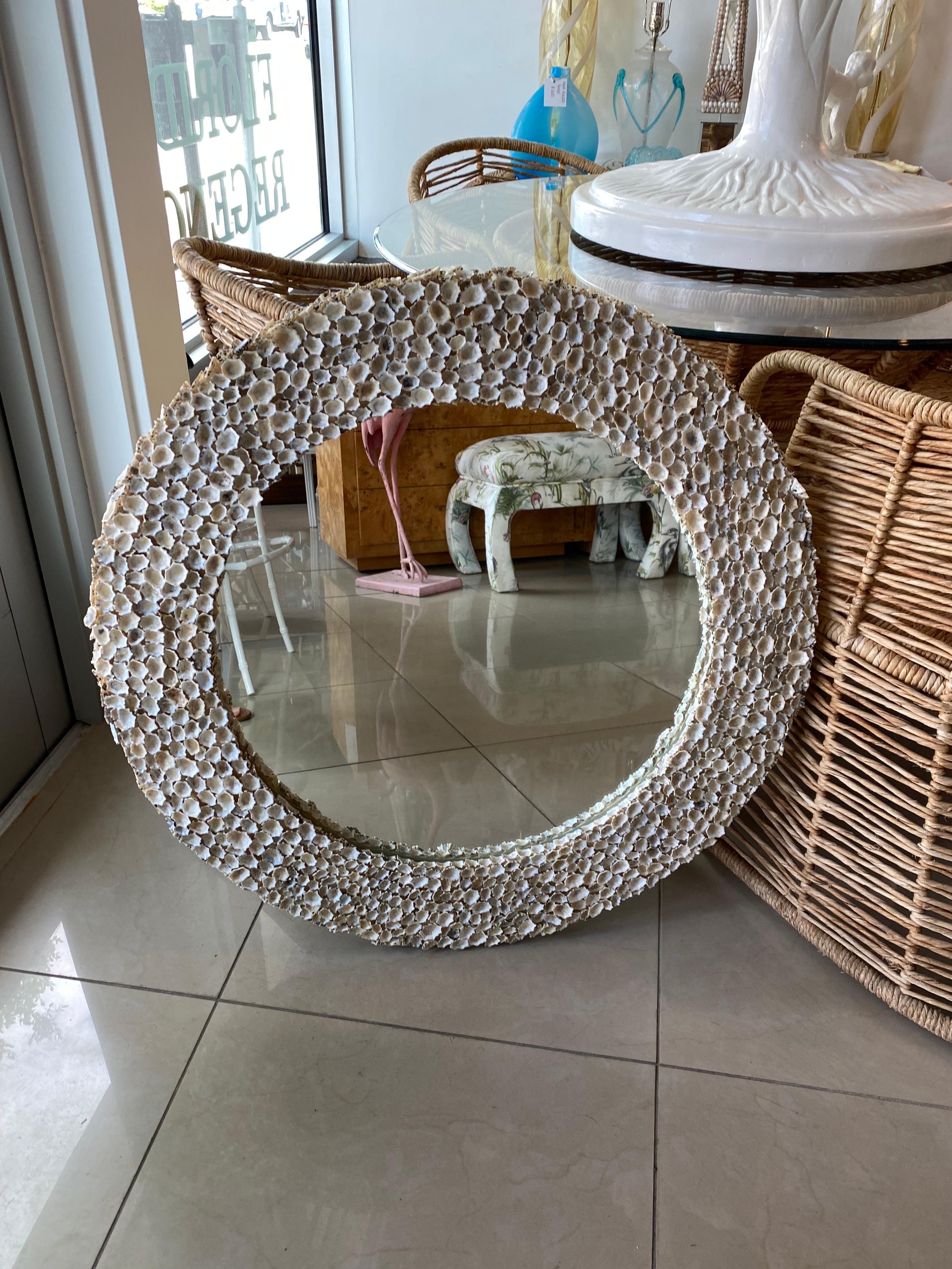 Vintage Seashell Shell Encrusted Round Circular Palm Beach Wall Mirror For Sale 3