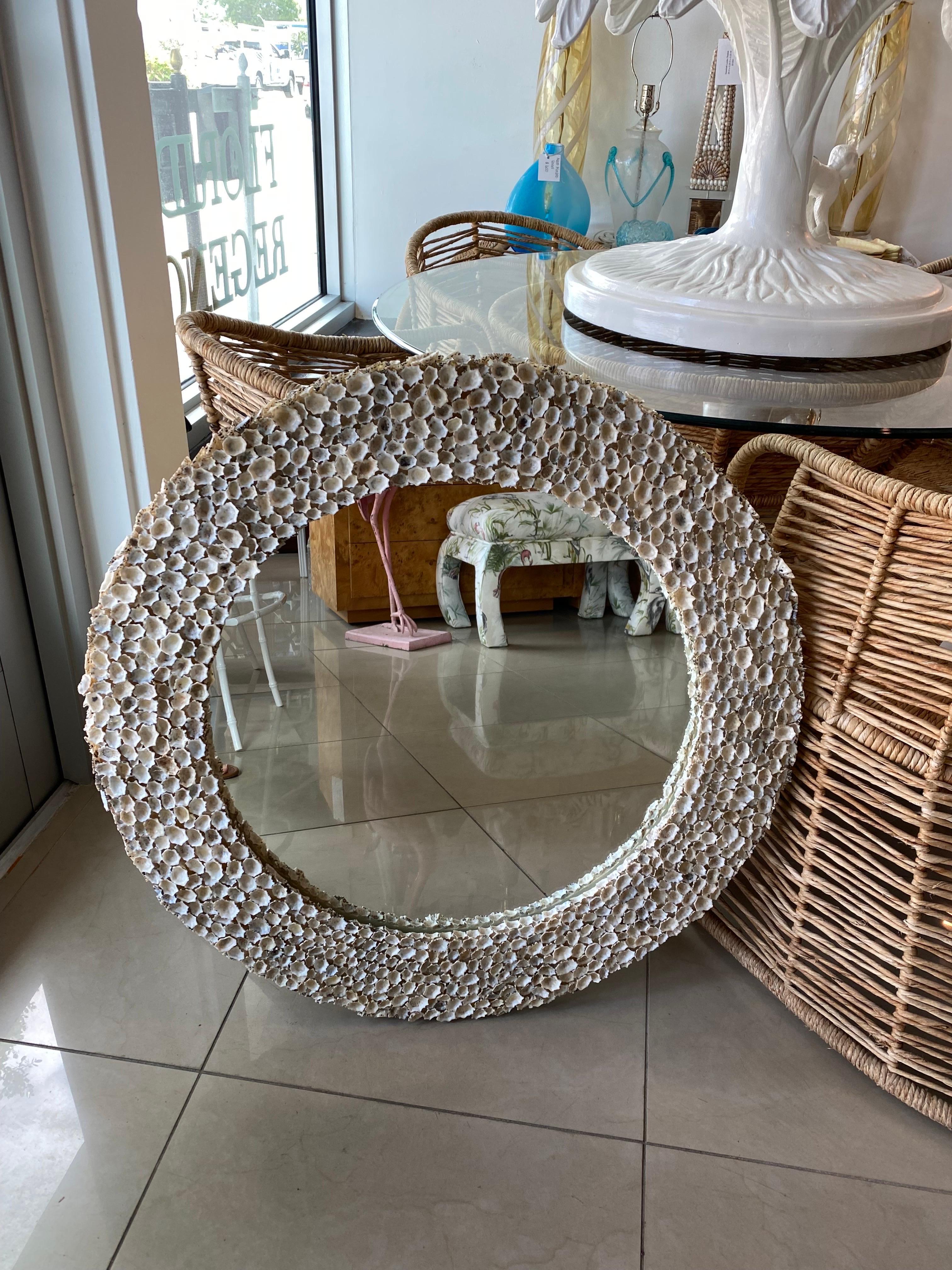 Vintage Seashell Shell Encrusted Round Circular Palm Beach Wall Mirror For Sale 4