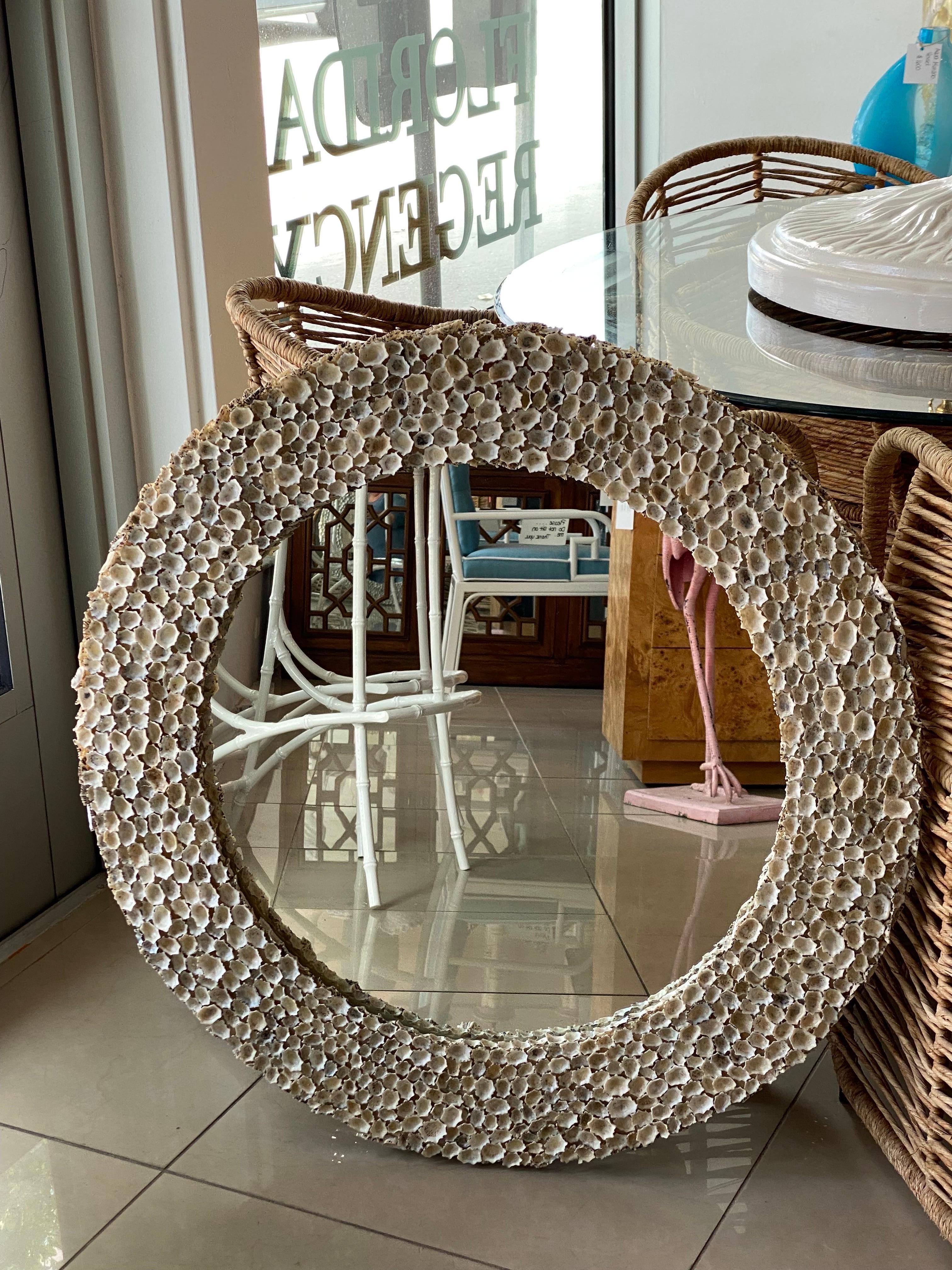 Vintage Seashell Shell Encrusted Round Circular Palm Beach Wall Mirror For Sale 5