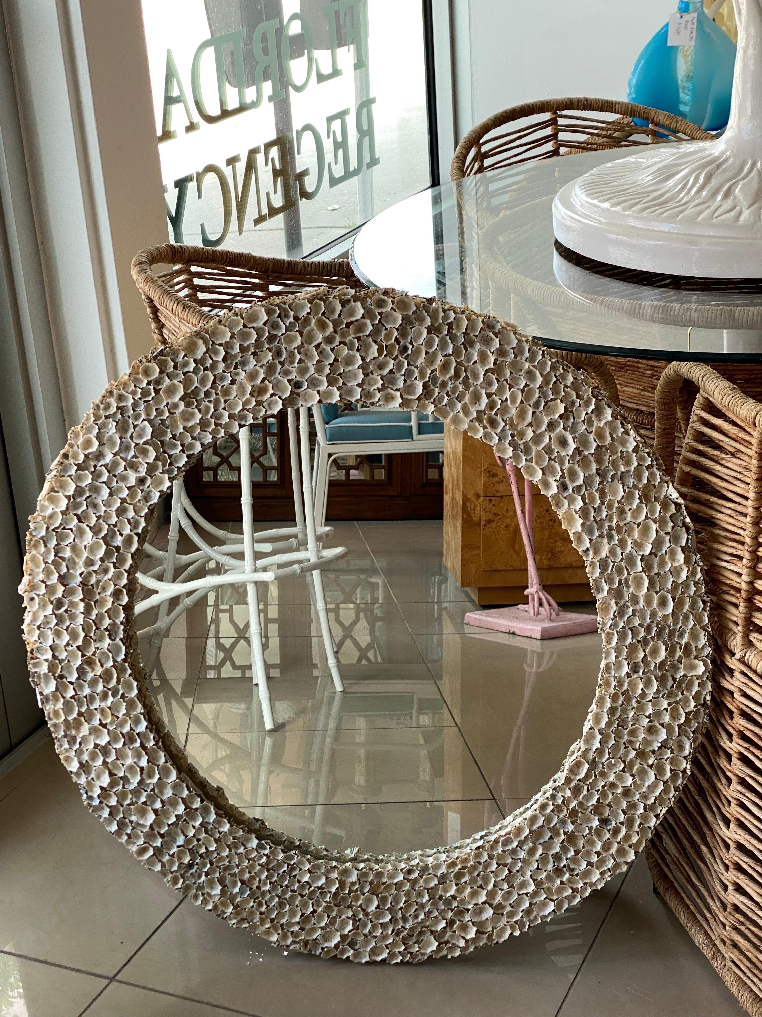 Vintage Seashell Shell Encrusted Round Circular Palm Beach Wall Mirror For Sale 6