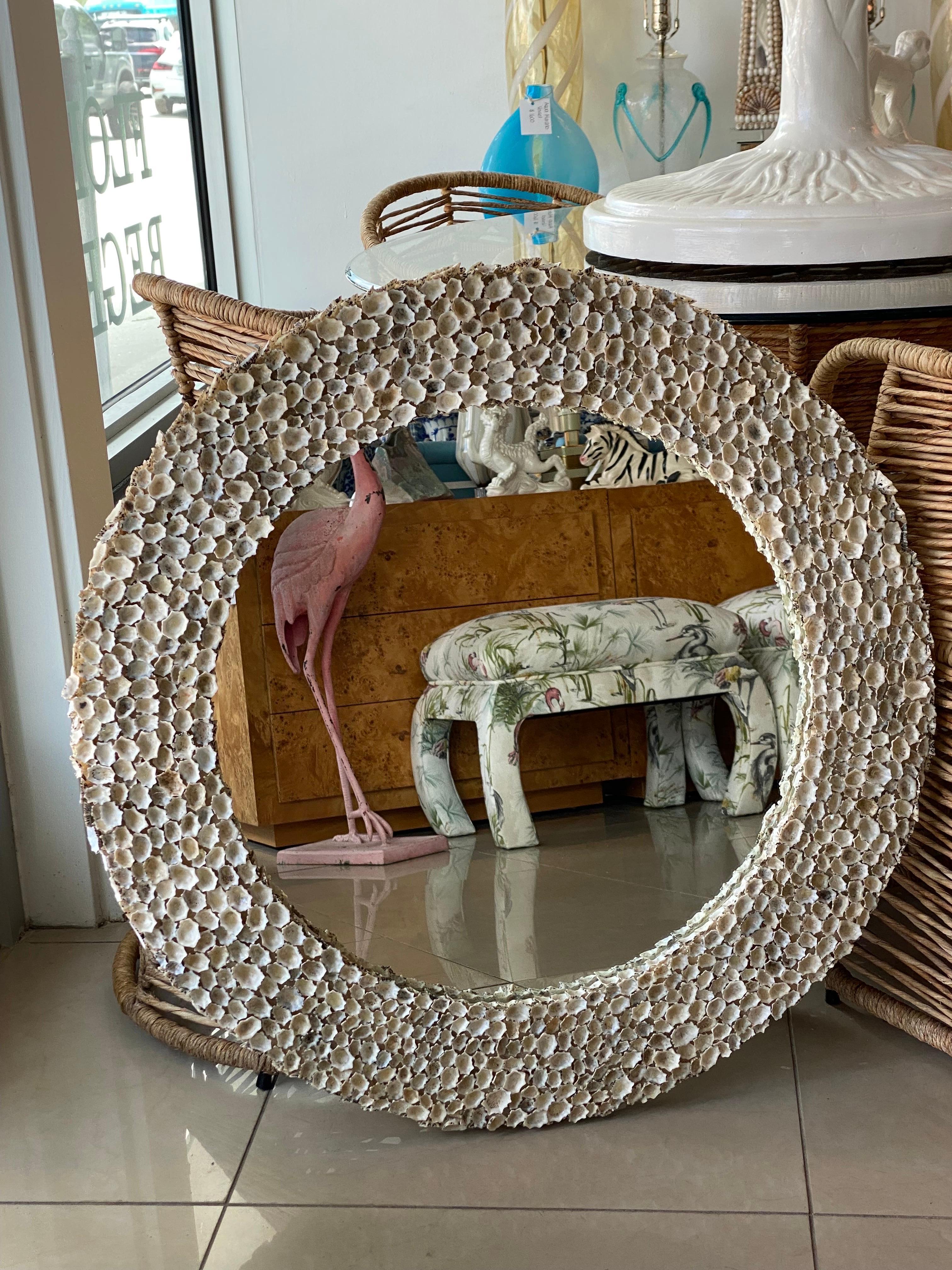 Late 20th Century Vintage Seashell Shell Encrusted Round Circular Palm Beach Wall Mirror For Sale