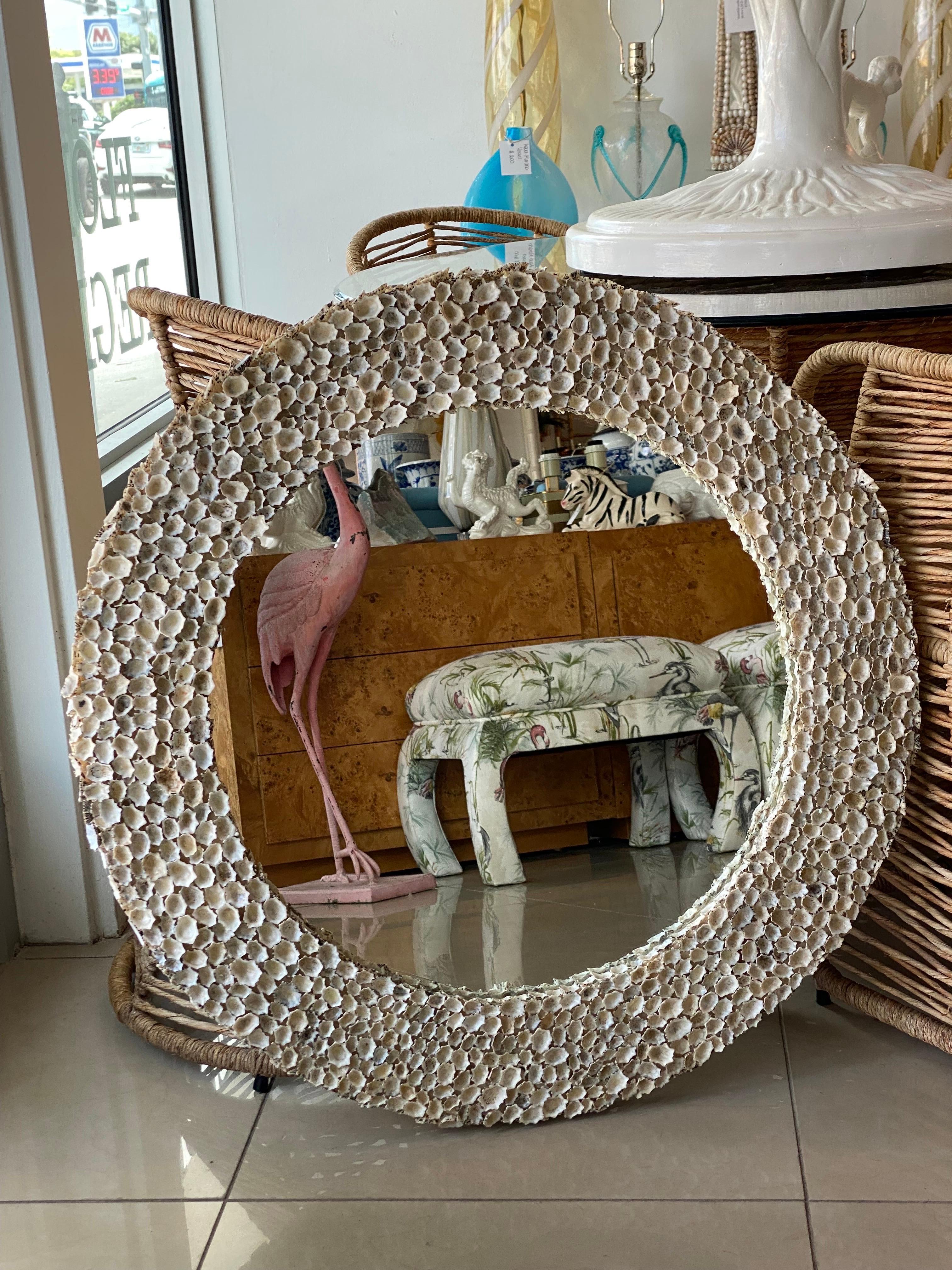 Vintage Seashell Shell Encrusted Round Circular Palm Beach Wall Mirror For Sale 1