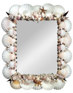 Vintage Seashell Wall Mirror, Handmade, White Clam Shells, 1990s