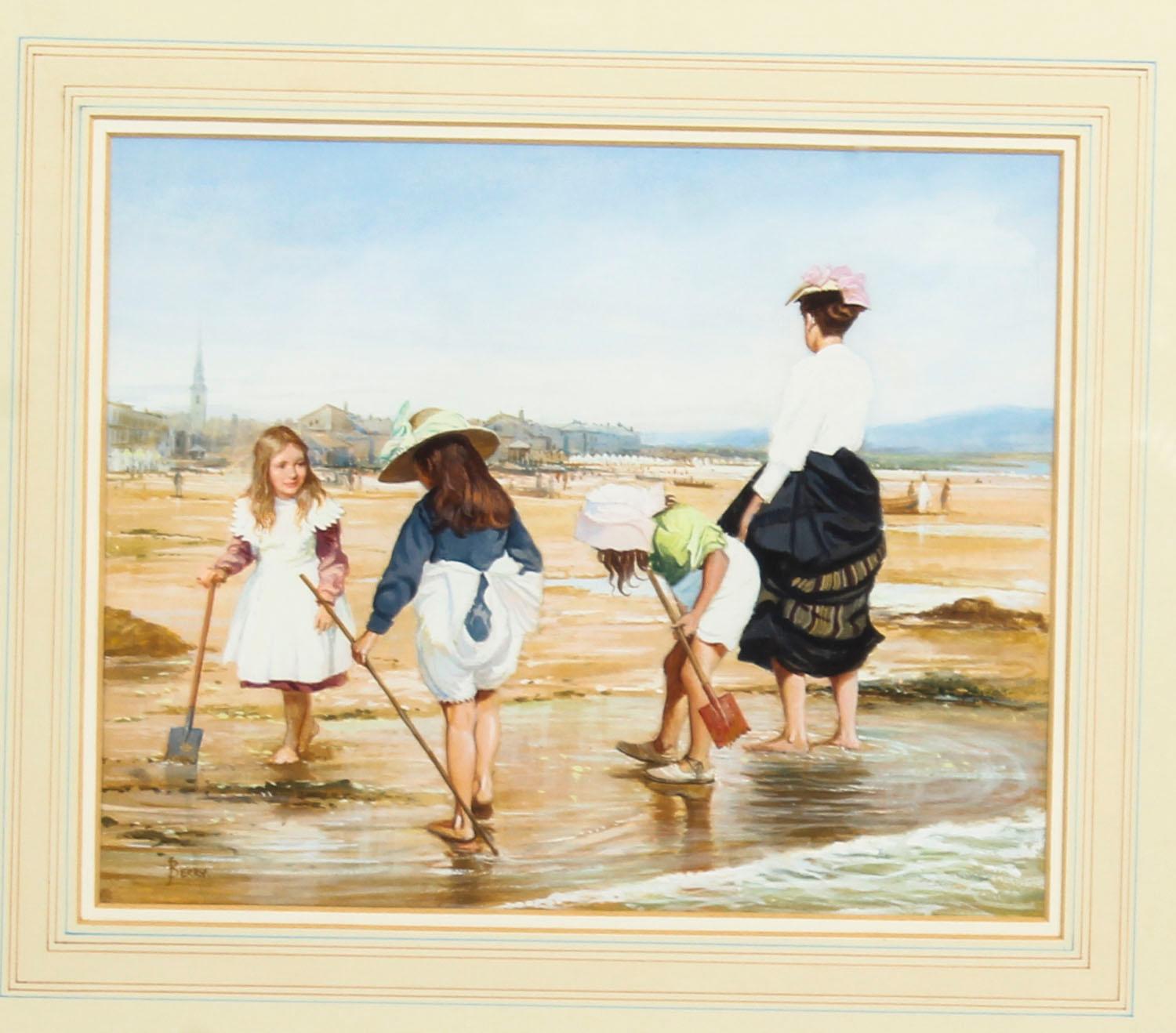 This is a beautiful watercolor by the renowned artist John Berry entitled 'At the seaside' mid-20th century in date.

The painting depicts a very picturesque scene of three girls and their mother playing on the shore, with a view of an English