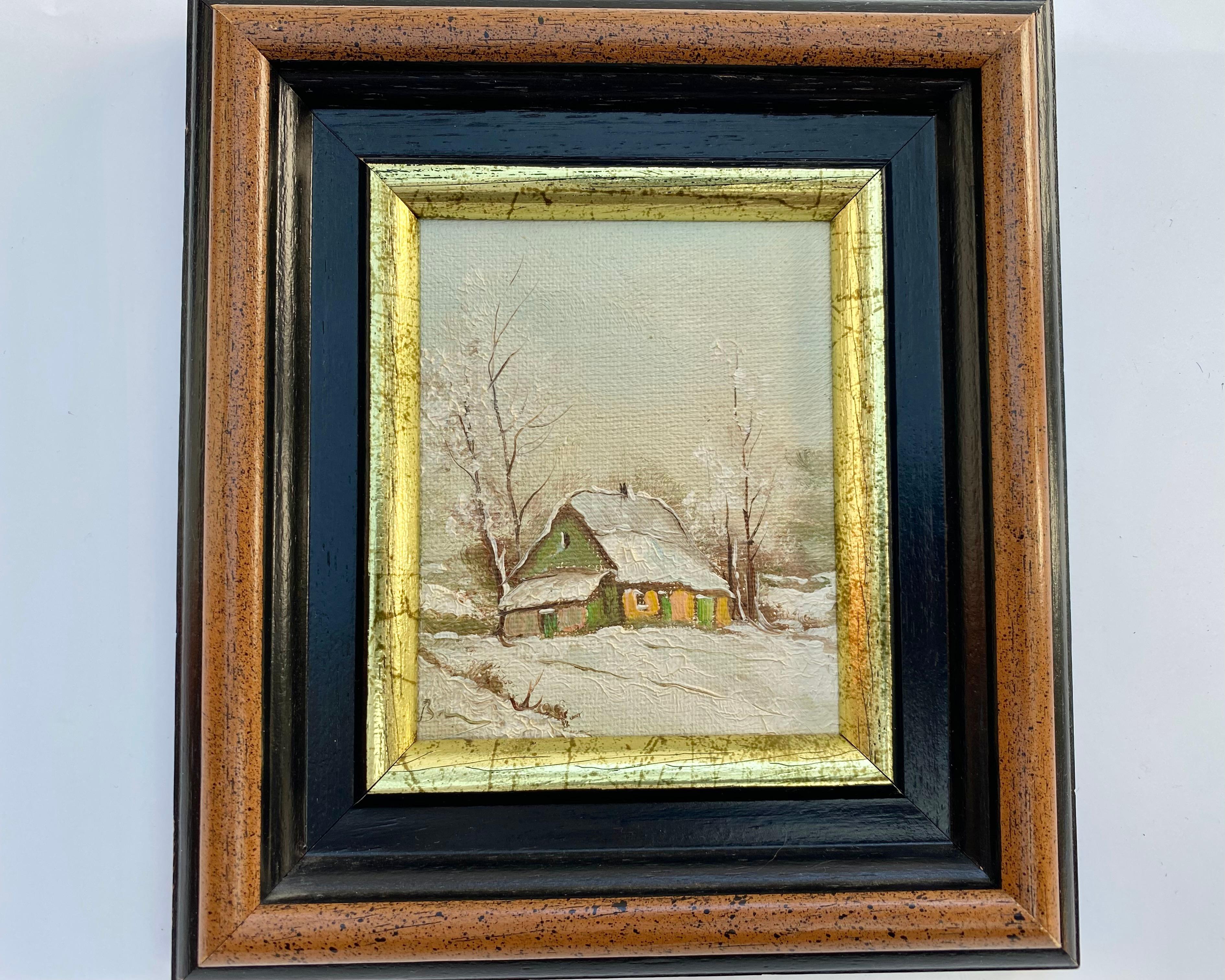 Glass Vintage Seasons Paintings Set of 4 Belgium 1970s Vintage Landscape For Sale