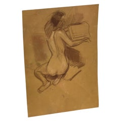 Vintage Seated Female Nude Figure Drawing on Toned Paper, Figurative Life Study.