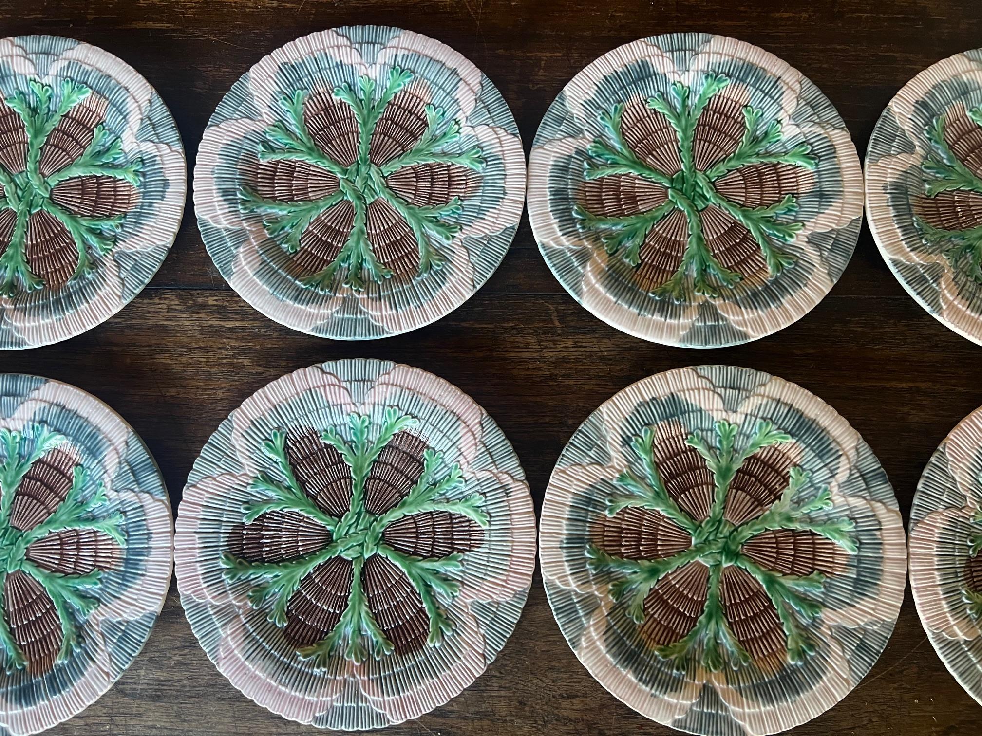 Set of ten majolica plates attributed to Horchow, made in Japan in the 1960's. The pattern is a replica of an antique majolica collection by Griffin Smith Hill in the 19th century. The size is 8.25 so more typically for salad, dessert or lunch.
