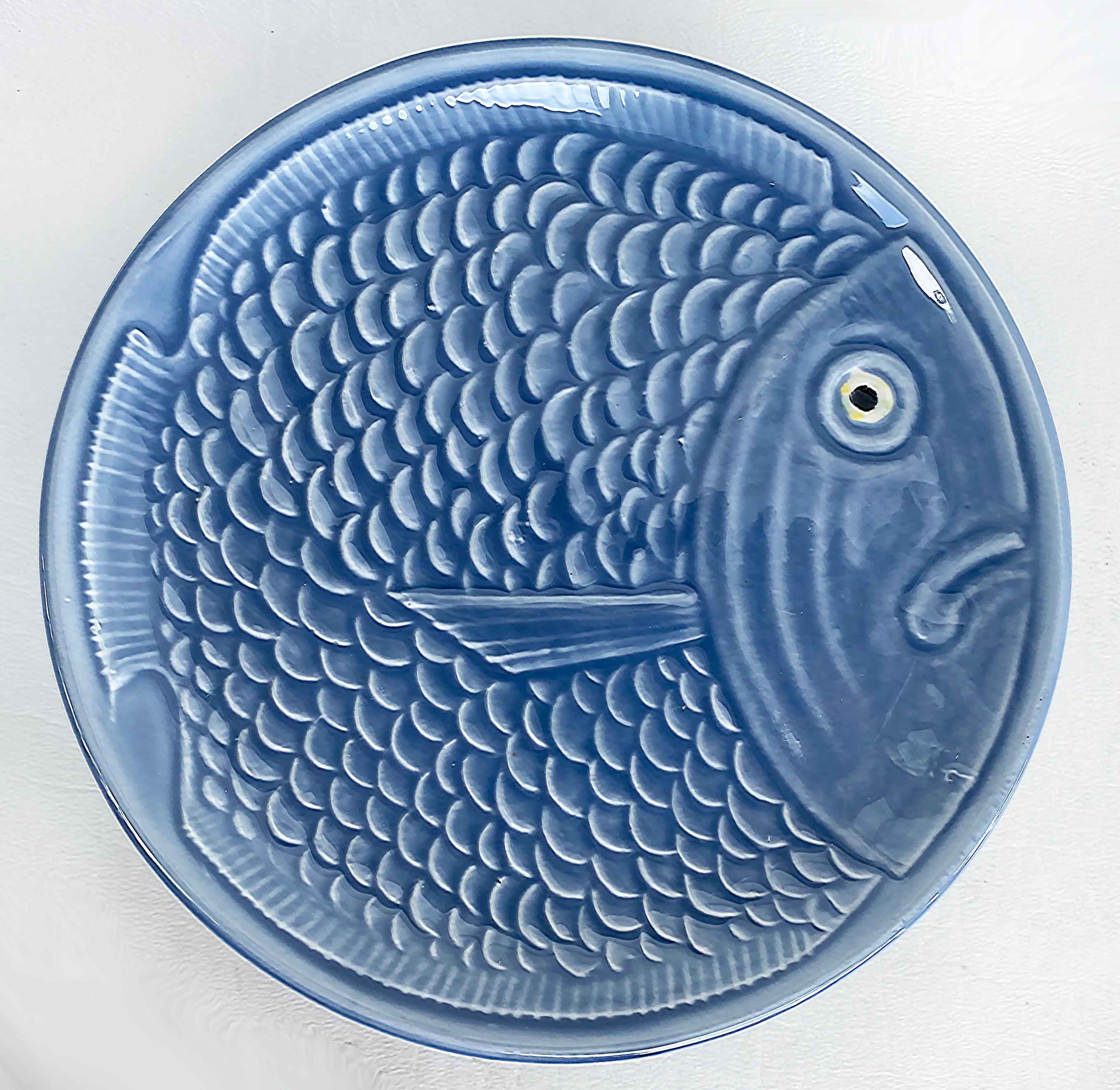 Vintage Secla Portugal Ceramic Round Faience Fish  Plates (set of 10) 

Offered for sale is a set of 10 round Portuguese faience ceramic fish plates from a fresh New York City estate. The plates are marked on the backs and have fish scale textures