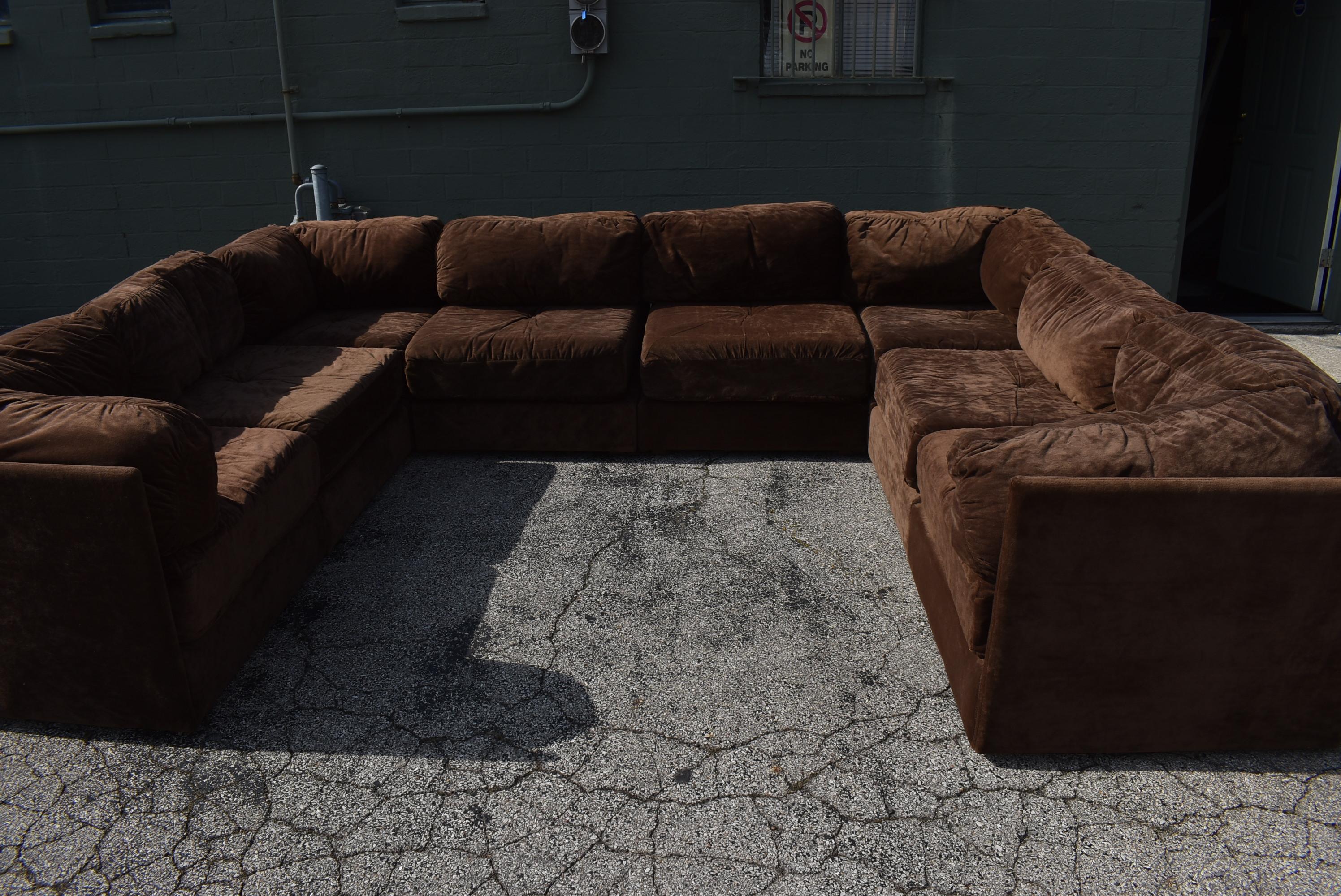 20th Century Vintage Sectional Pit Sofa by Kroehler Chocolate Brown Suede Like Fabric