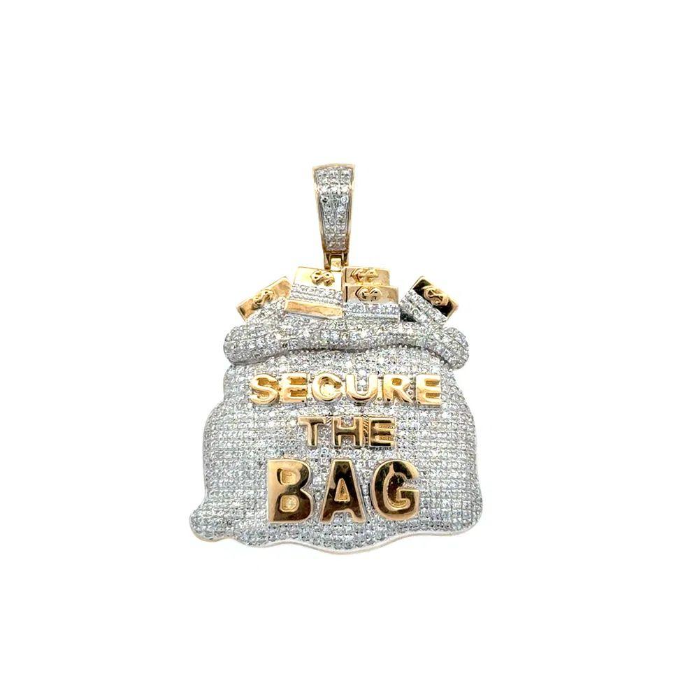 Taglio brillante Vintage SECURE THE BAG Collana con ciondolo in oro con pavé di diamanti RBC in vendita