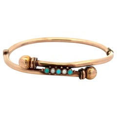 Viktorianisches Armreif-Armband aus Gold mit Vintage-Perlen und blauen Steinen