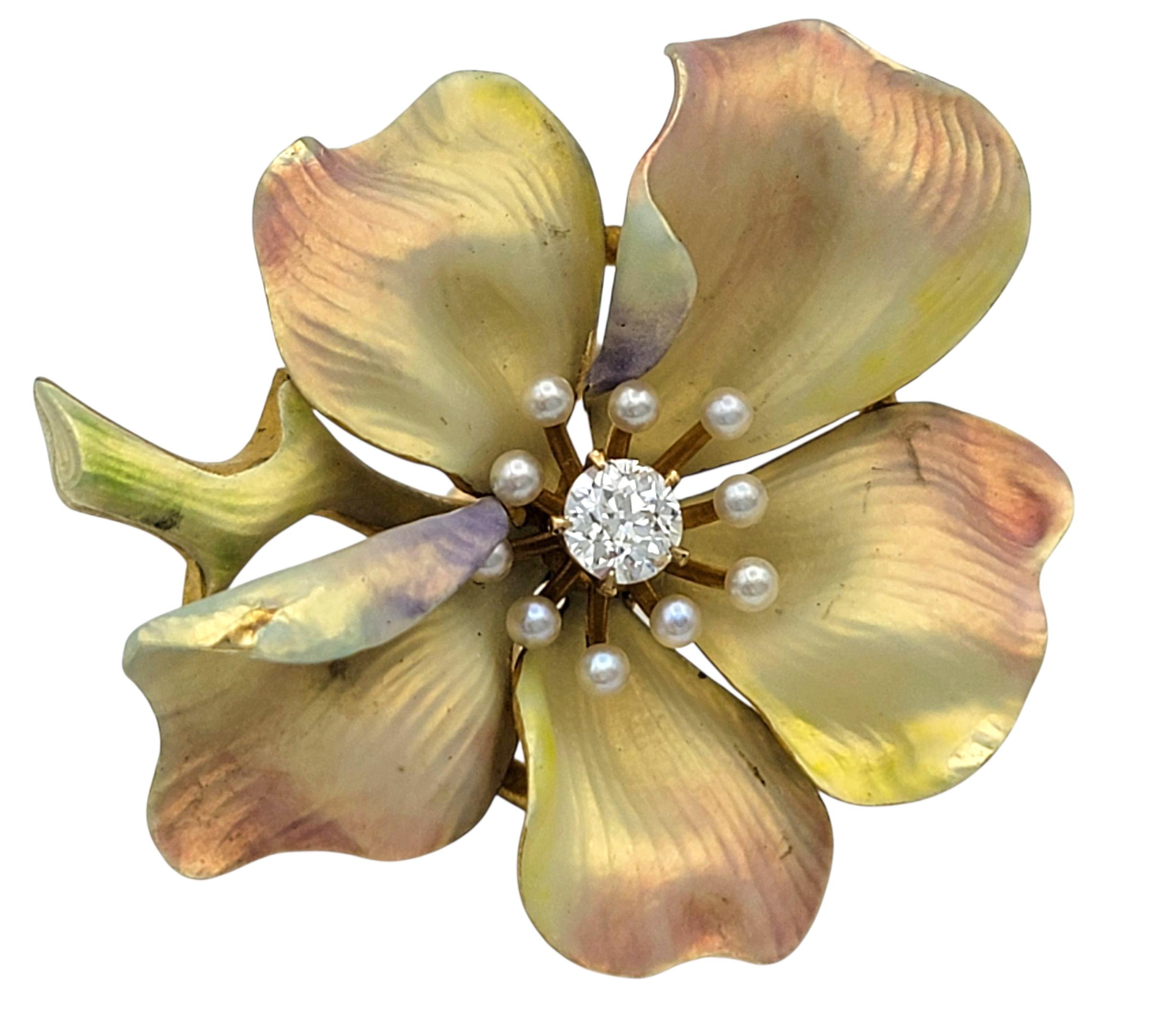 Contemporary Vintage Seed Pearl and Diamond Enameled Flower Brooch in 14 Karat Yellow Gold For Sale