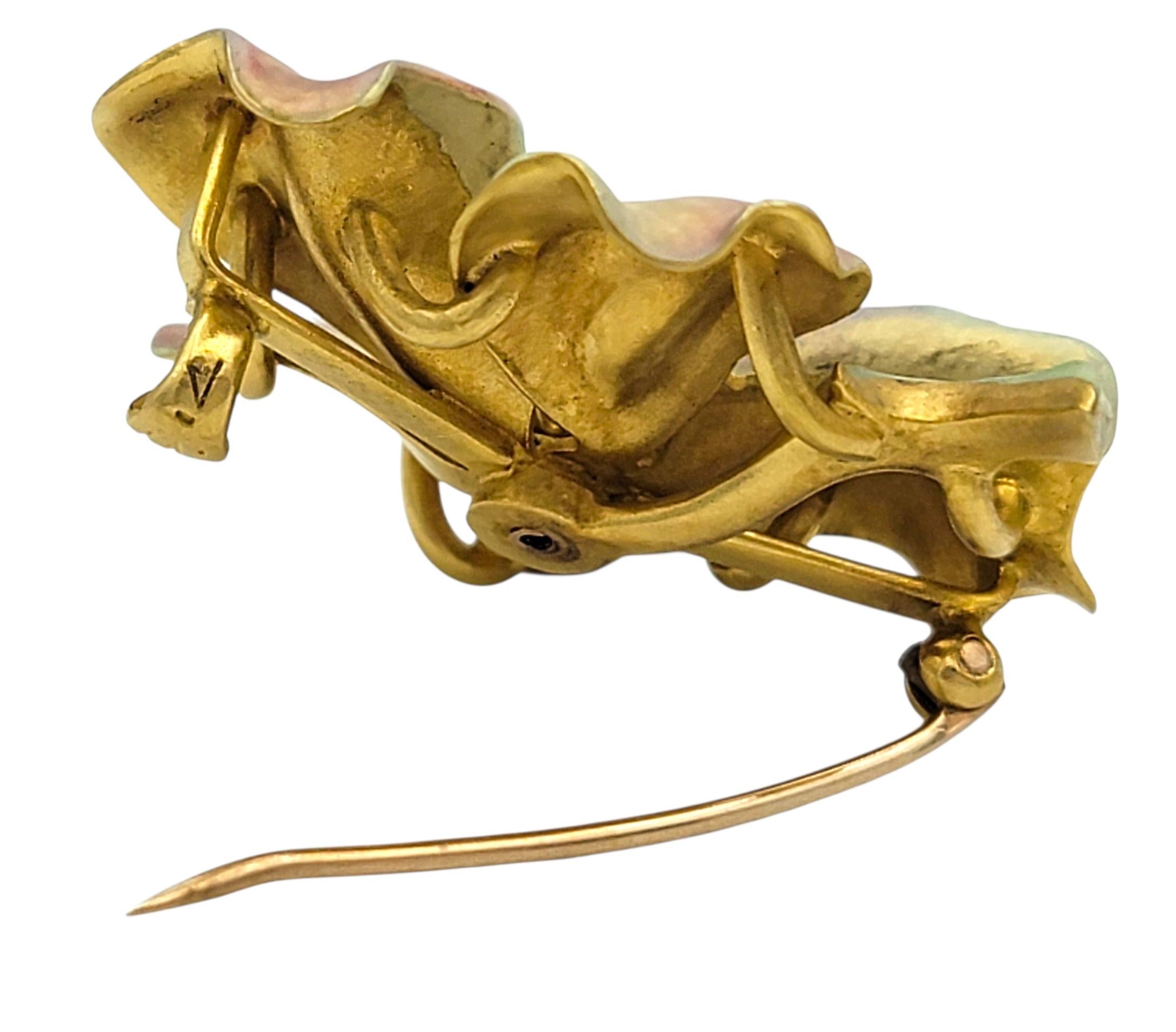 Women's Vintage Seed Pearl and Diamond Enameled Flower Brooch in 14 Karat Yellow Gold For Sale