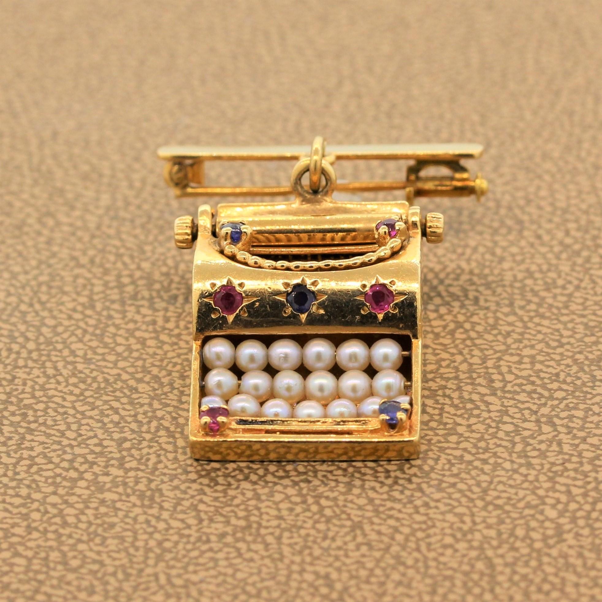 Vintage Seed Pearl Ruby Sapphire Gold Typewriter Brooch Charm In Excellent Condition In Beverly Hills, CA