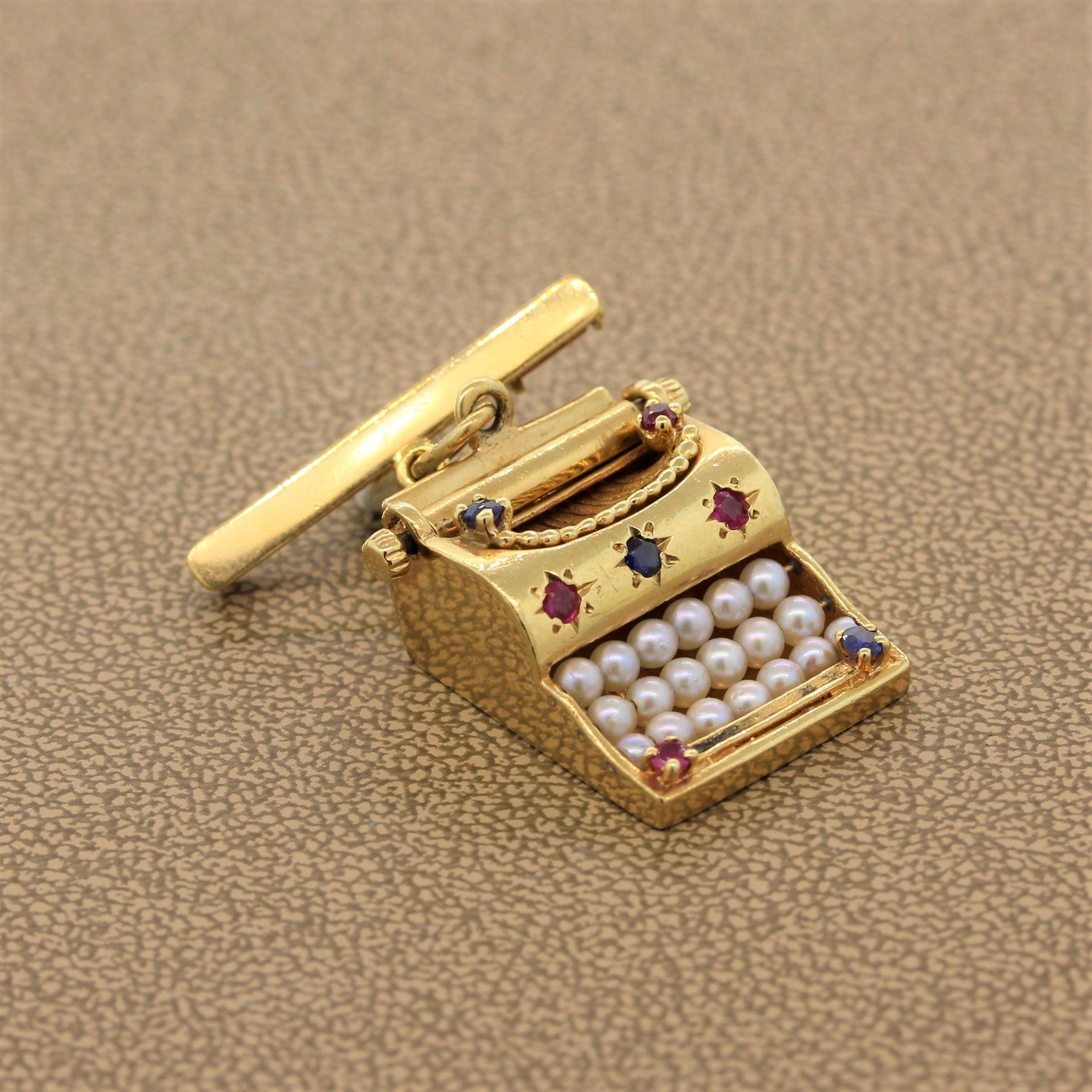 Women's Vintage Seed Pearl Ruby Sapphire Gold Typewriter Brooch Charm