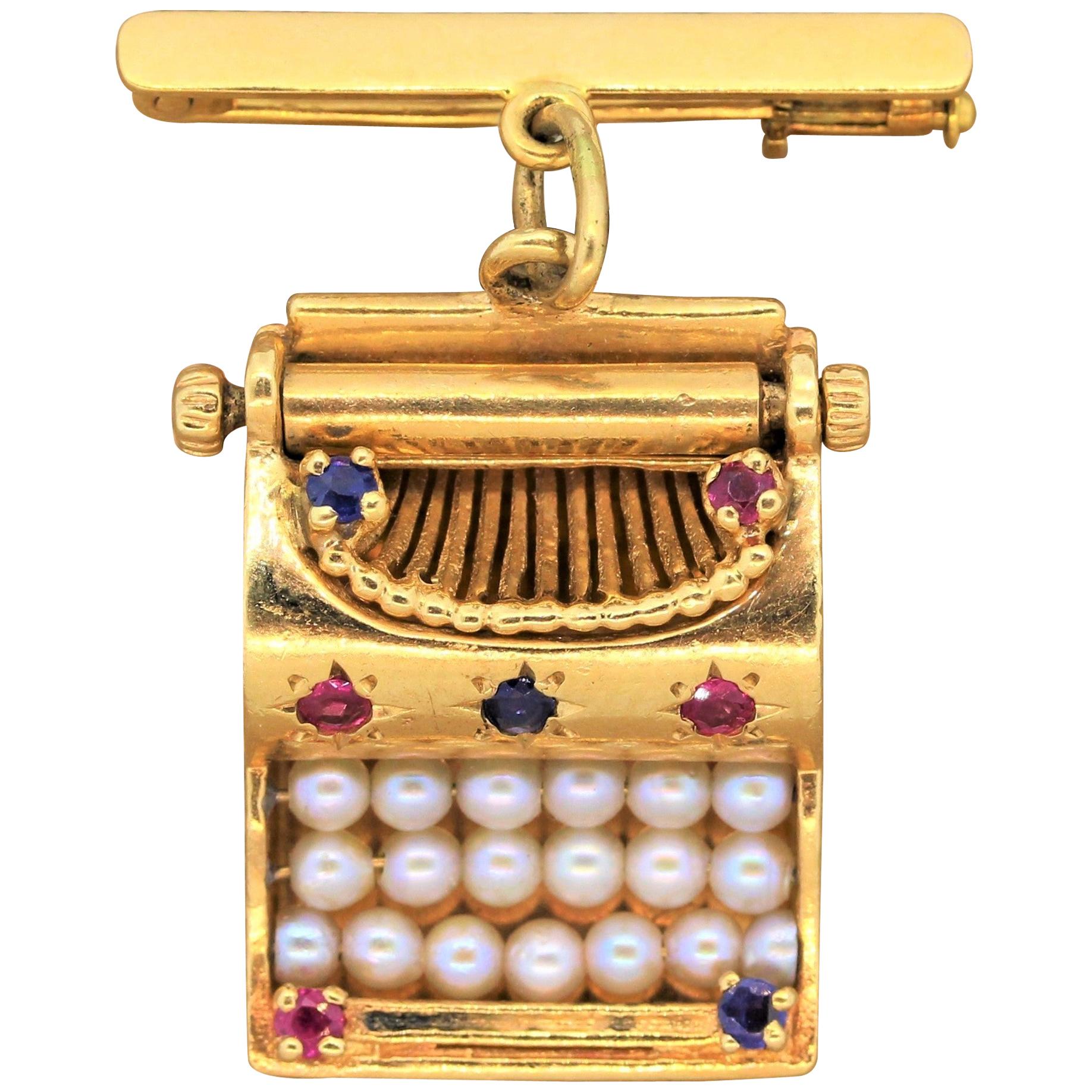 Vintage Seed Pearl Ruby Sapphire Gold Typewriter Brooch Charm