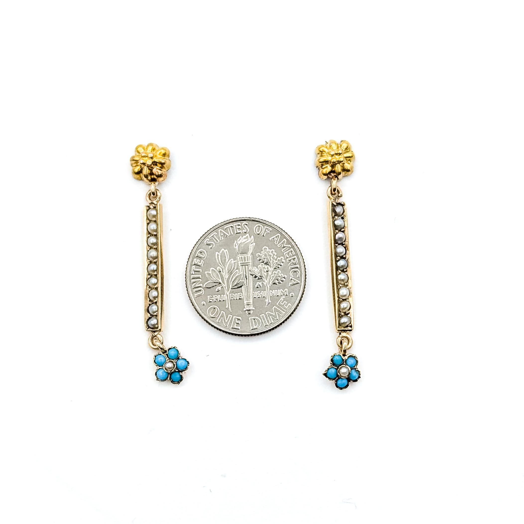 Vintage Seed Pearl & Türkis Bar Dangle Ohrringe in 14k Gelbgold im Angebot 4