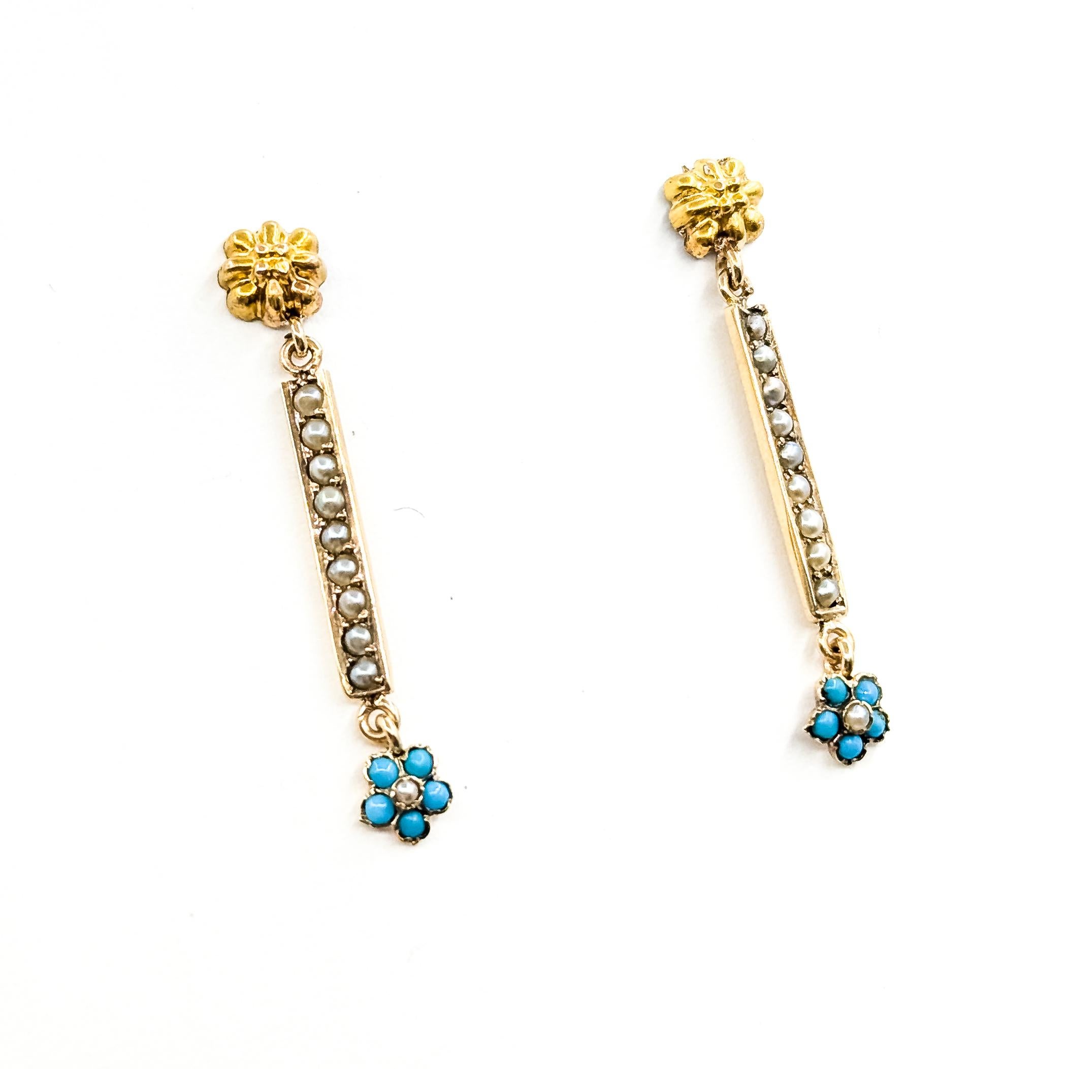 Vintage Seed Pearl & Türkis Bar Dangle Ohrringe in 14k Gelbgold (Viktorianisch) im Angebot