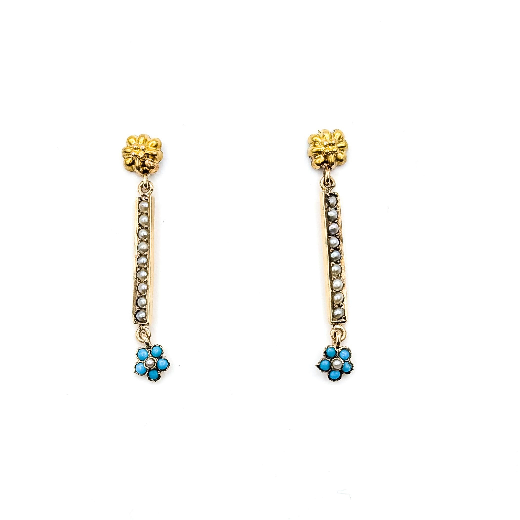 Vintage Seed Pearl & Türkis Bar Dangle Ohrringe in 14k Gelbgold im Zustand „Hervorragend“ im Angebot in Bloomington, MN