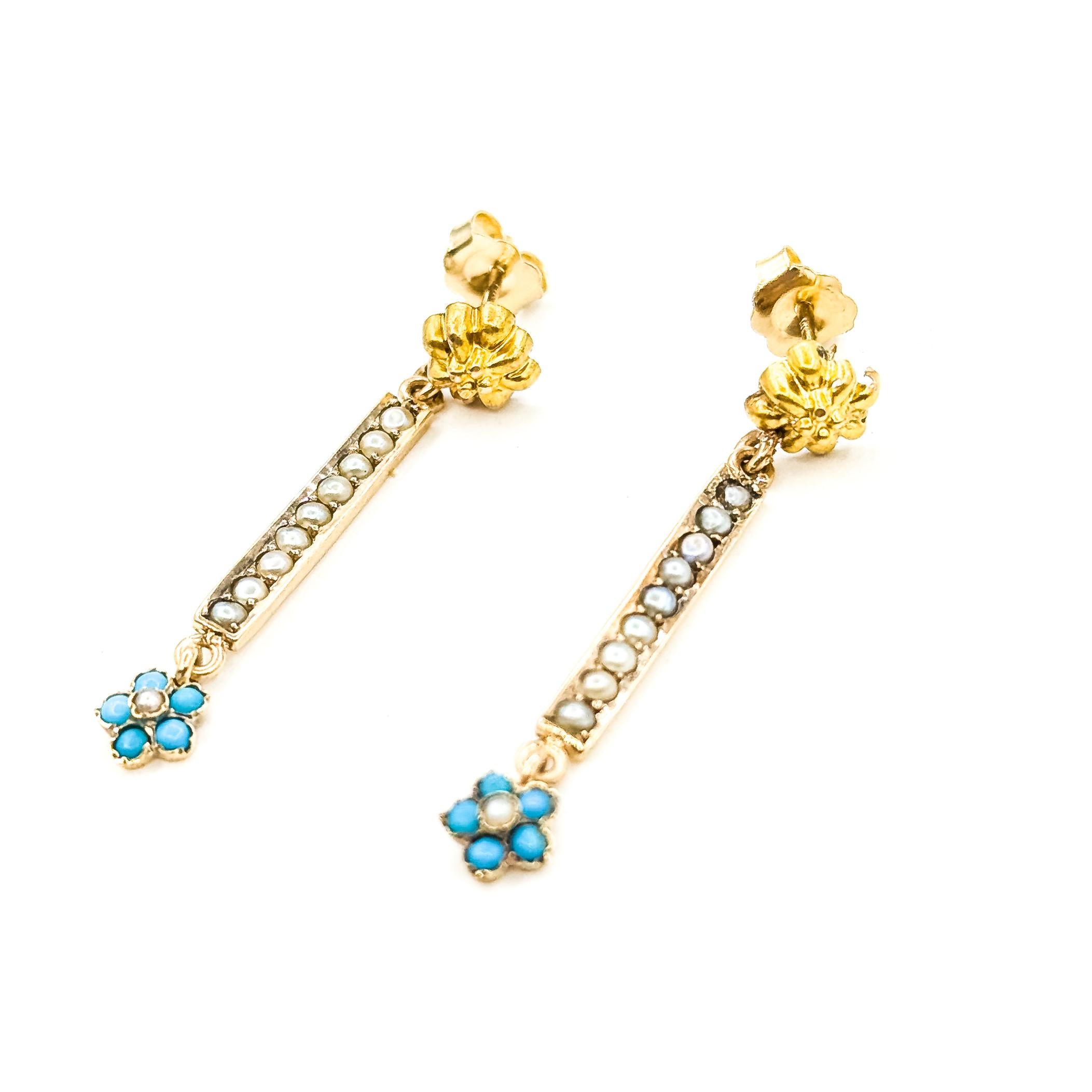 Vintage Seed Pearl & Türkis Bar Dangle Ohrringe in 14k Gelbgold im Angebot 1