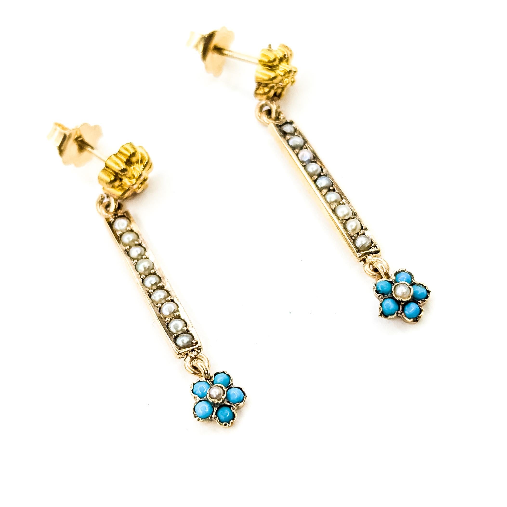 Vintage Seed Pearl & Türkis Bar Dangle Ohrringe in 14k Gelbgold im Angebot 2