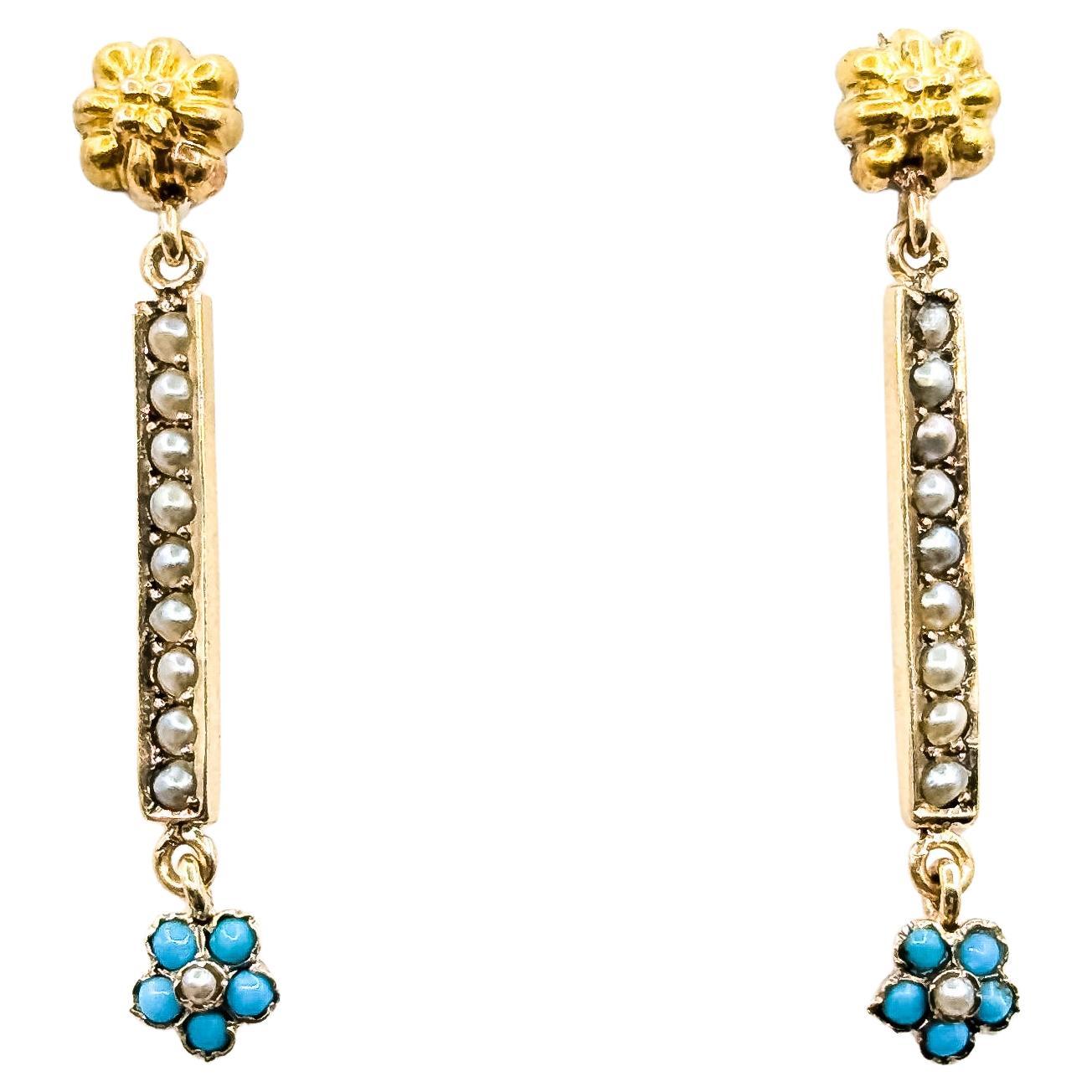 Vintage Seed Pearl
Turquoise Bar Dangle Earrings in 14k Yellow Gold