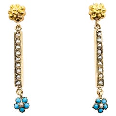 Vintage Seed Pearl 
Turquoise Bar Dangle Earrings in 14k Yellow Gold