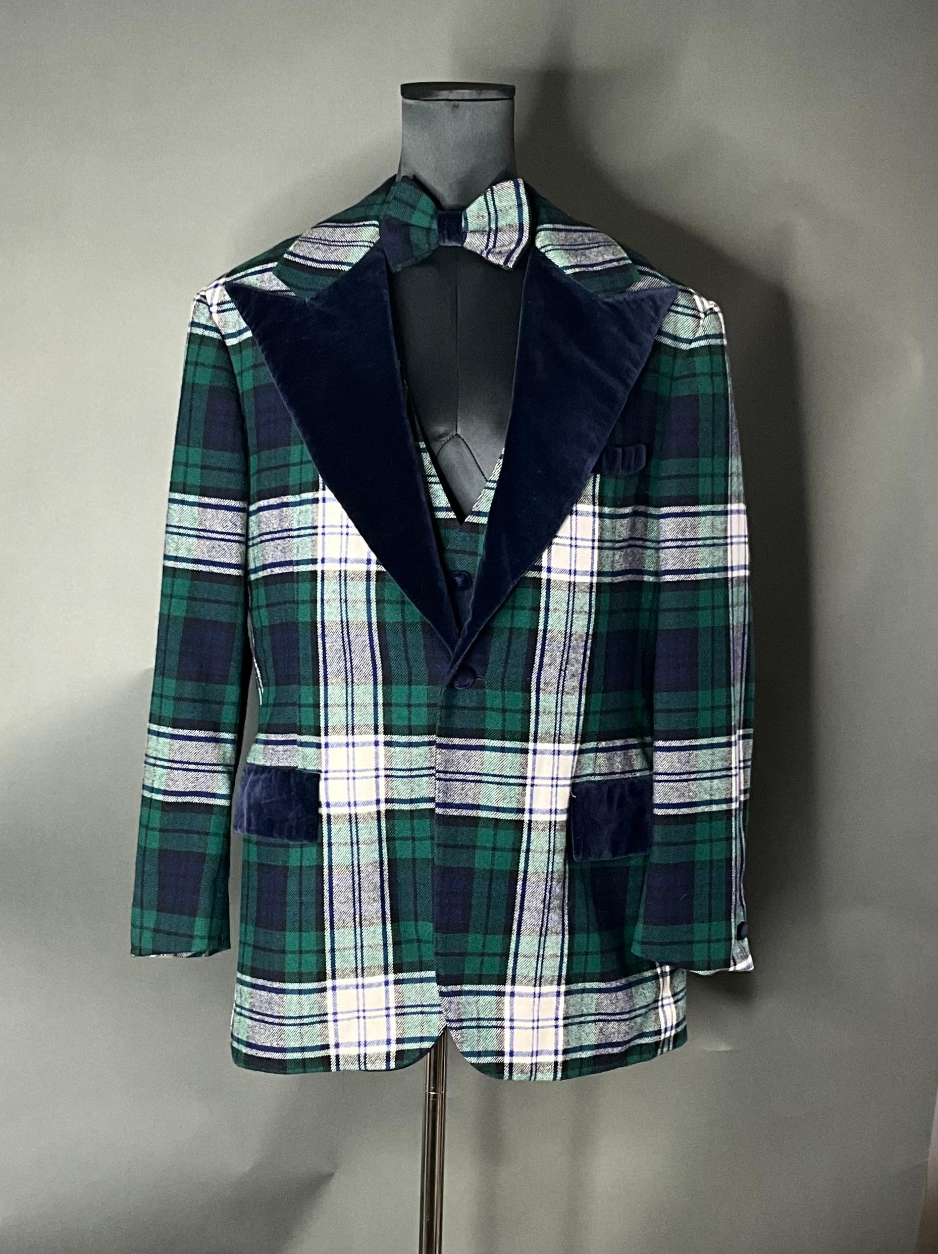 Black Vintage Seersucker Plaid Wool Custom Tailored Jacket with Vest For Sale