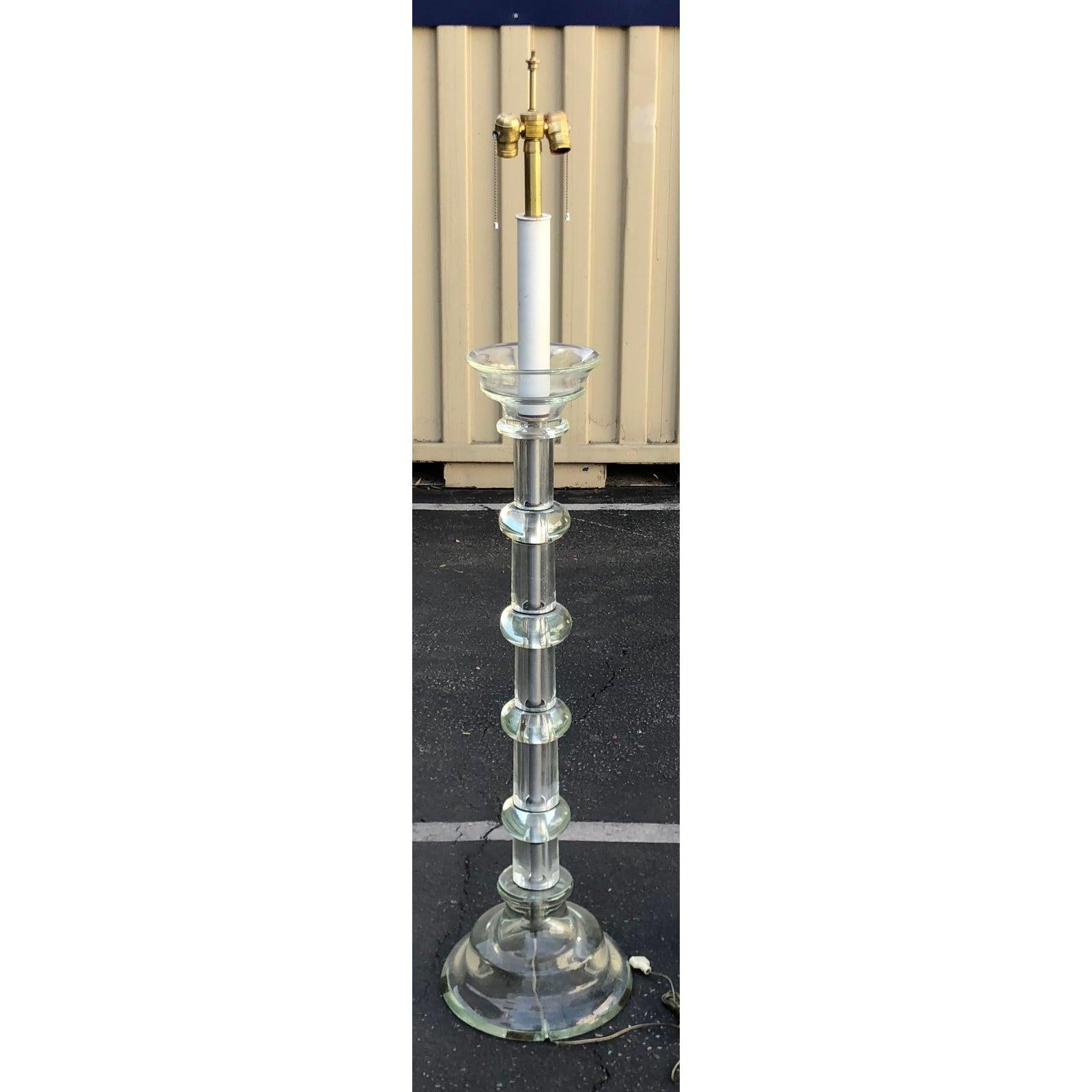 Rare vintage murano glass column floor lamp made by Seguso in Italy for Marbro. The base is made of sectioned murano glass with a modern neoclassical column form.