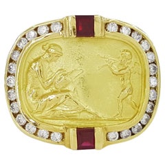 Vintage Seiden Gang Diamond & Ruby 18K Yellow Gold Statement Ring.