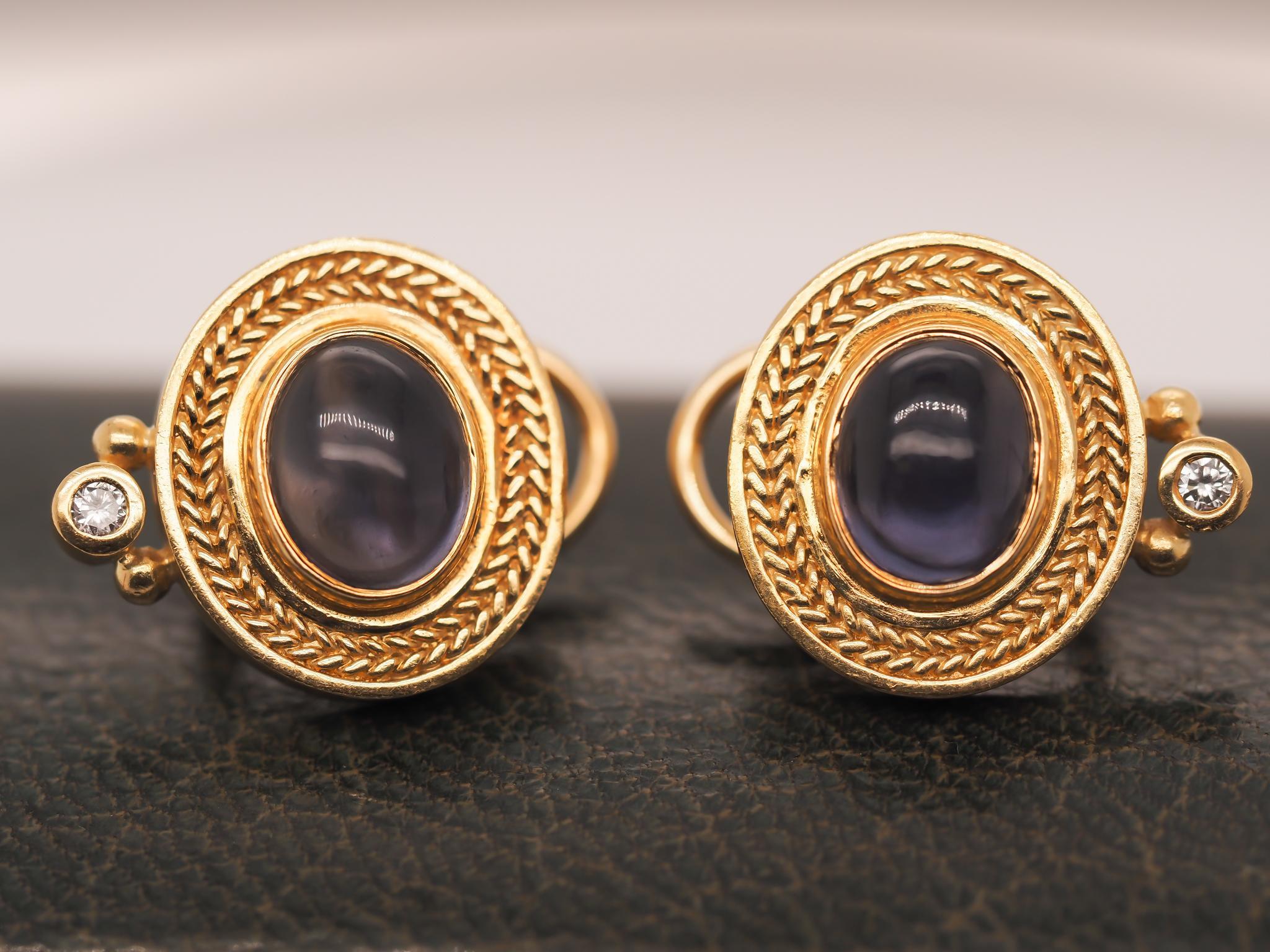 Year: 1990s
Item Details:
Metal Type: 18K Yellow Gold [Hallmarked, and Tested]
Weight: 13.7 grams
Tanzanite Details:
Measurements: 10x7.5mm
Cut: Oval Cabochon
Color: Purple
Weight: 4.00ct total weight
Measurements:
Condition: Excellent
Vintage