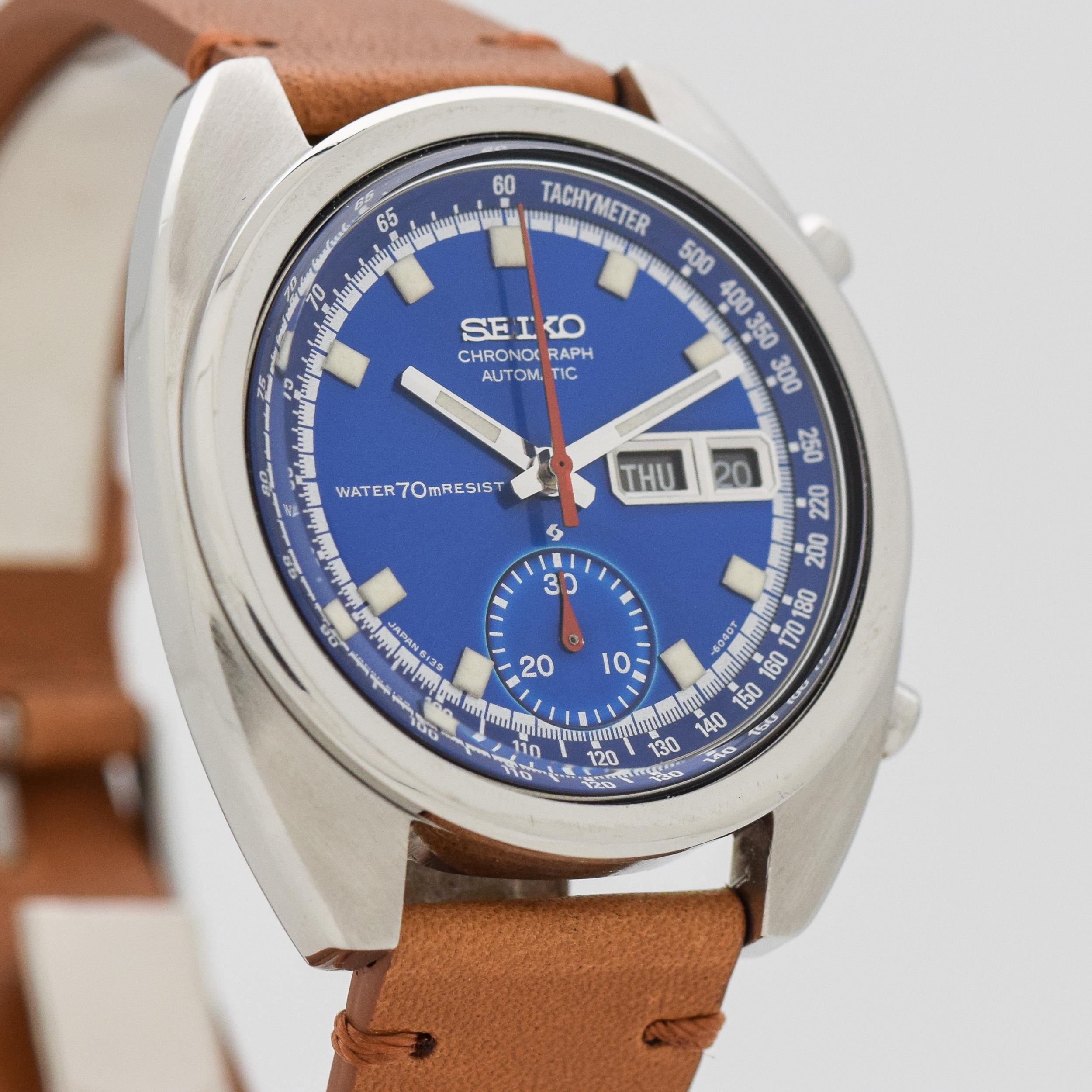 1975 Vintage Seiko Day-Date Automatic Chronograph Ref. 6139-6015 Stainless Steel watch with Original Blue Dial with White Luminous Wide Bar Markers. 40mm x 43mm lug to lug (1.57 in. x 1.69 in.) - 17 jewel, automatic caliber 6139-A movement. Horween