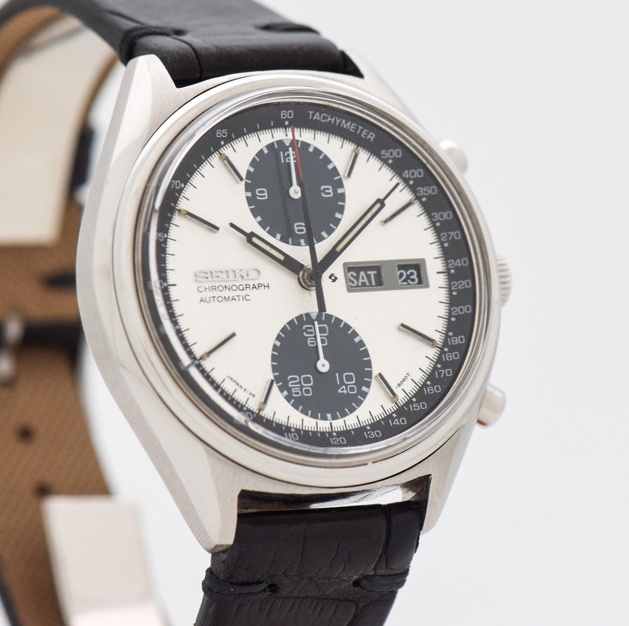 1977 Vintage Seiko Panda Ref. 6138-8020 2 Register Day - Date Automatic Stainless Steel watch with Original Two Tone Silver and Black Dial with Applied Steel Stick/Bar/Baton Markers with Black Inlay. 41mm x 45mm lug to lug (1.61 in. x 1.77 in.) - 21