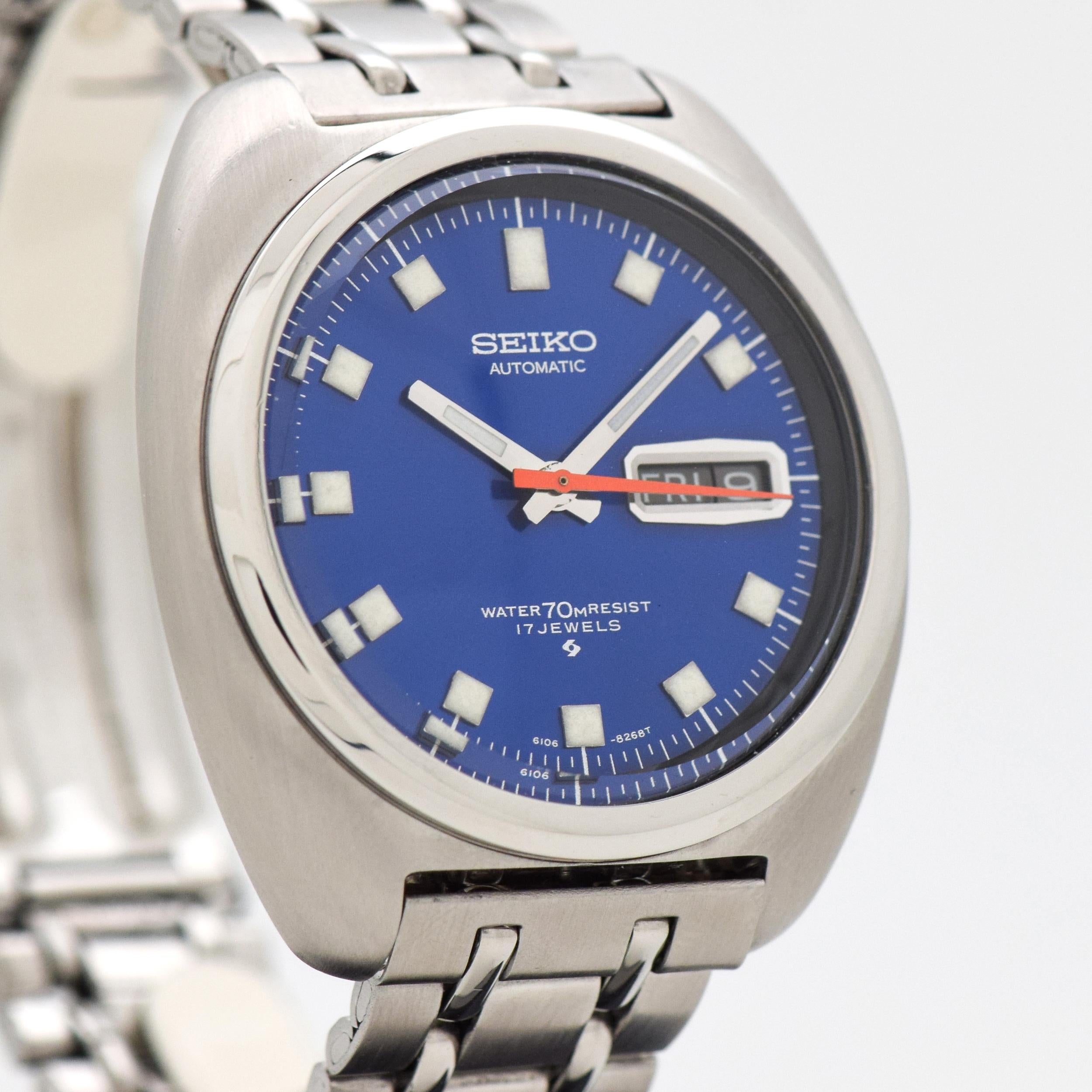 1969 Vintage Seiko Water 70m Resist Ref. 6106-8237 Stainless Steel watch with Original Blue Dial White Luminous Square Markers with Original Seiko Stainless Steel Bracelet. 40mm x 43mm lug to lug (1.57 in. x 1.69 in.) - Powered by a 17-jewel,