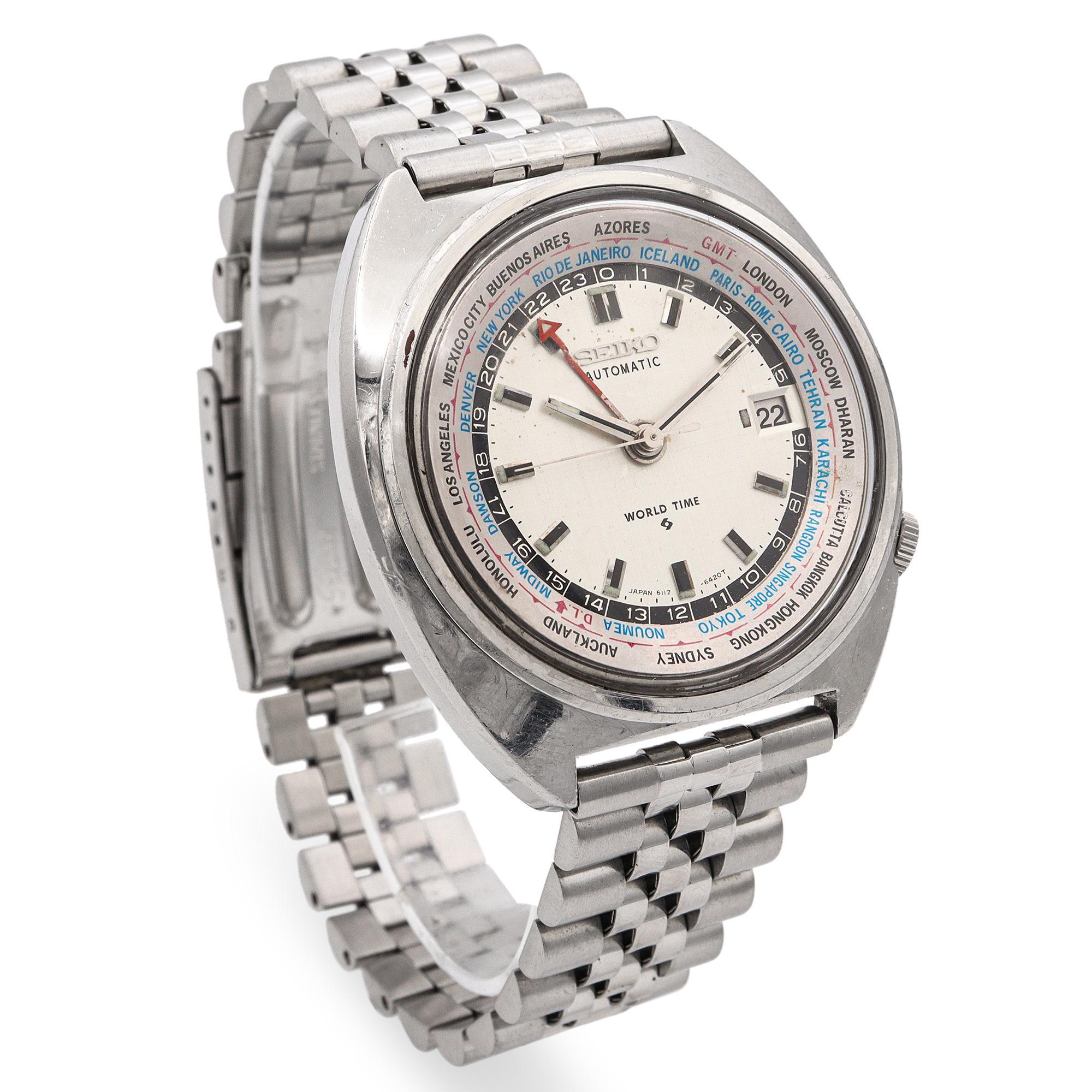 Vintage Seiko World Time Automatik Herrenuhr Ref. 6117-6409 im Zustand „Gut“ im Angebot in New York, NY