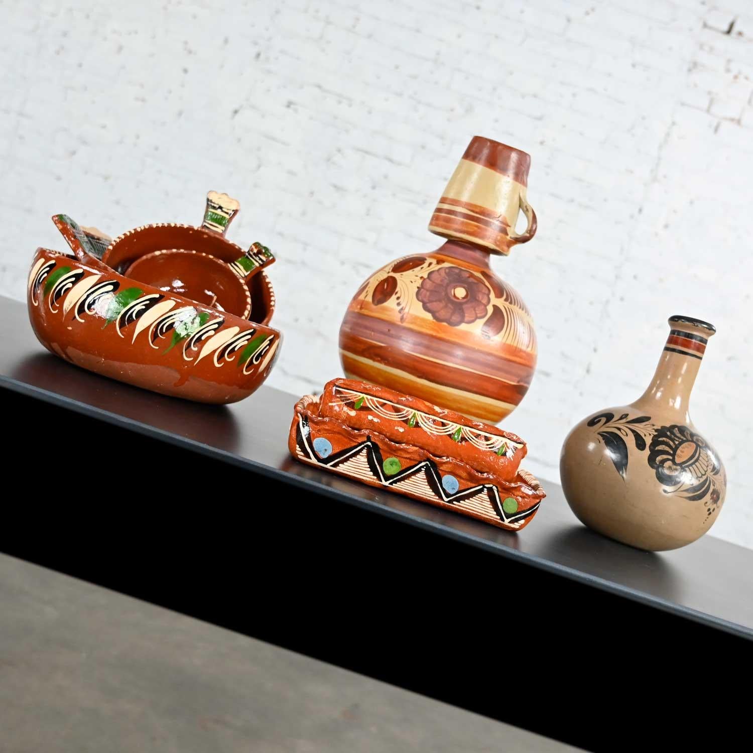 Folk Art Vintage Selection of Mexican Pottery 8 Pcs Bowls Baking Dishes Jug Carafe Cup