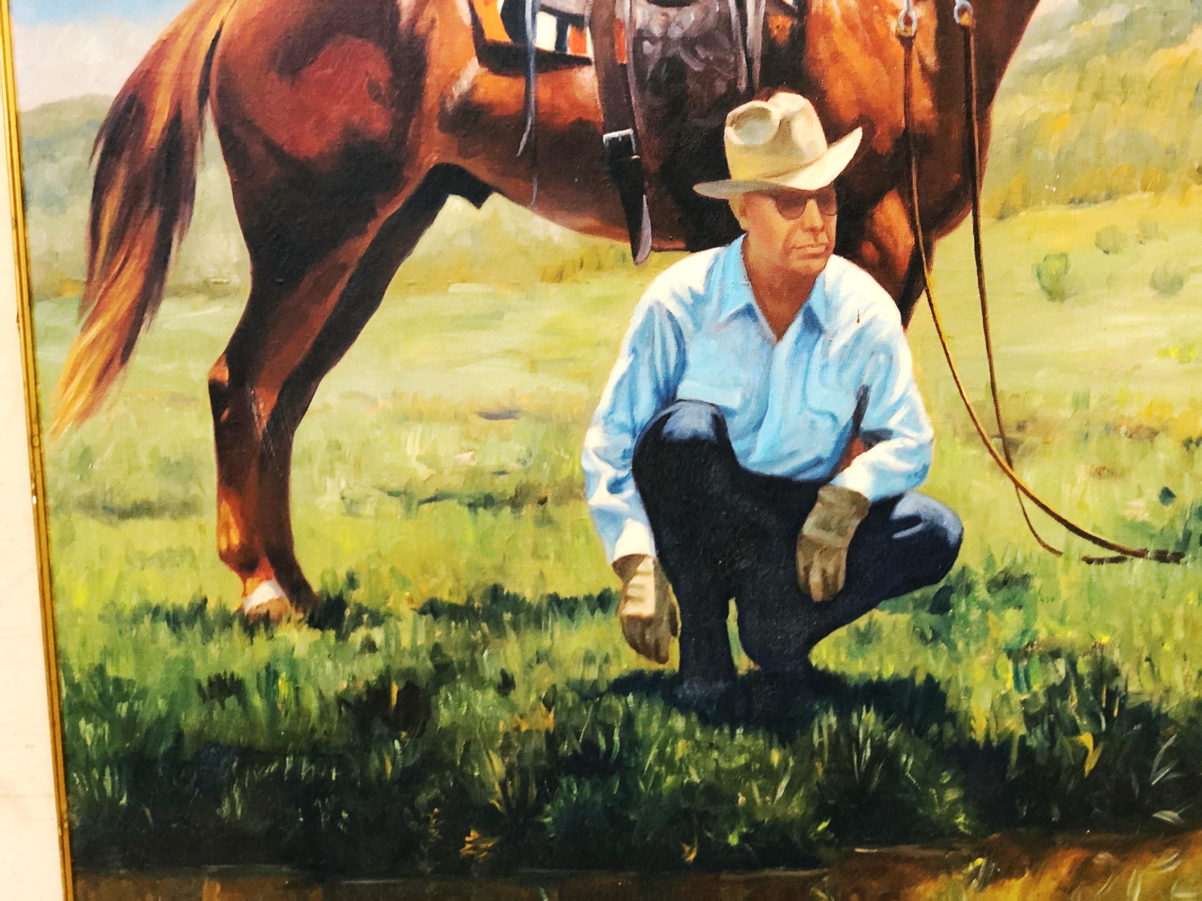 This vintage portrait-landscape painting by Harold Gore is in overall good condition. Some loss of finish on frame and mild discoloration of mat as seen in photos.
Bandera, Texas. 1962
Dimensions:
36