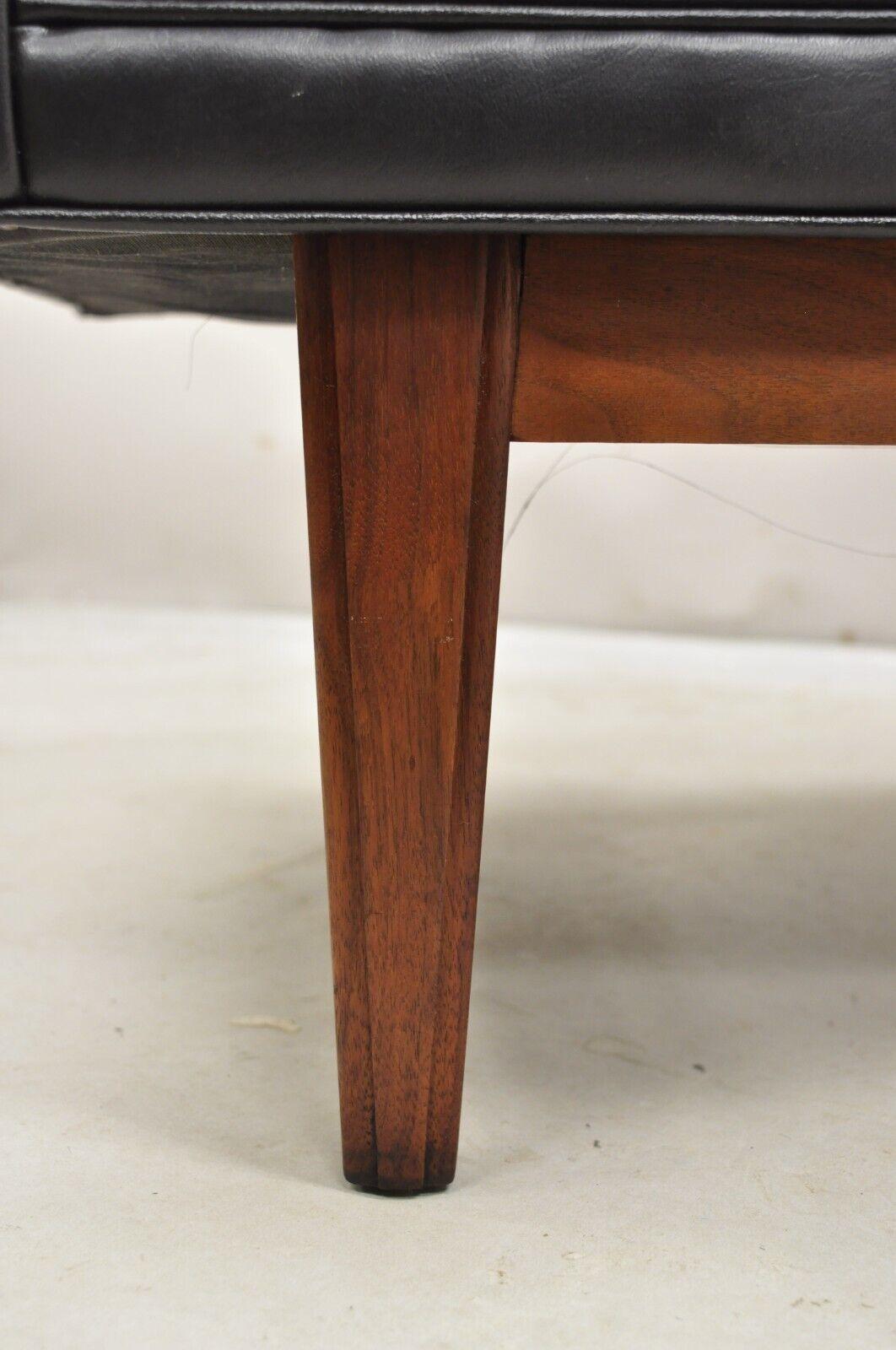 Vintage Selig Mid Century Modern Walnut Frame Upholstered Even Arm Black Bench 4