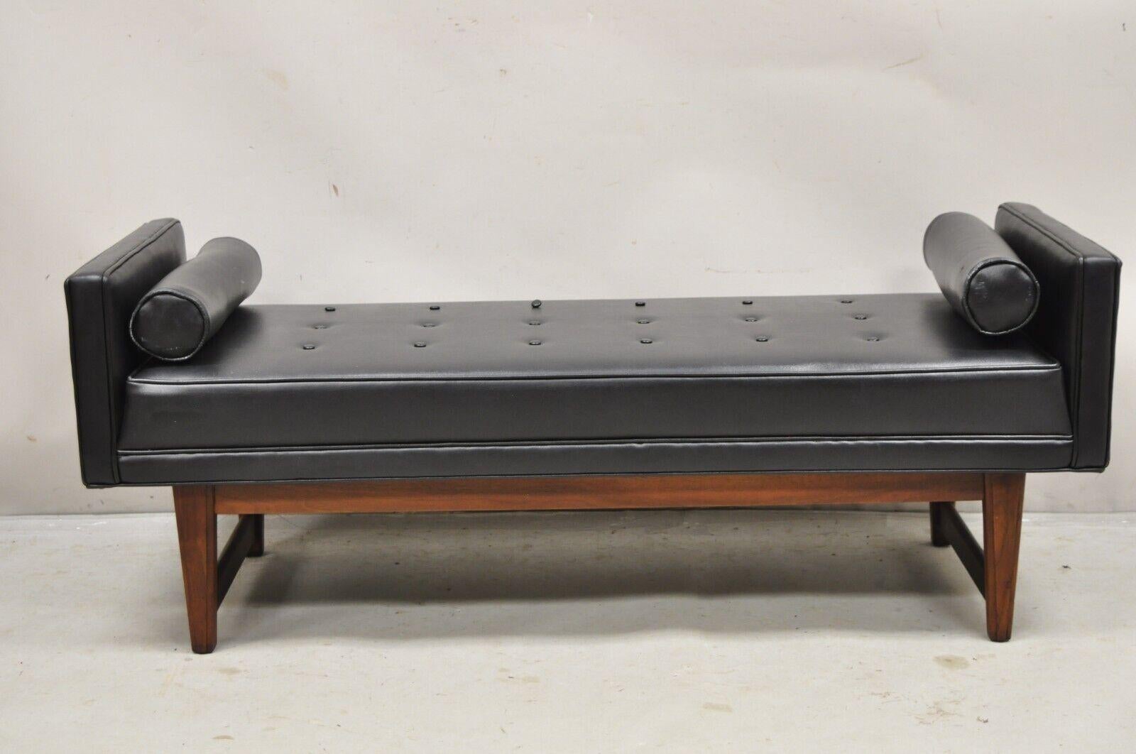 Vintage Selig Mid Century Modern Walnut Frame Upholstered Even Arm Black Bench 5