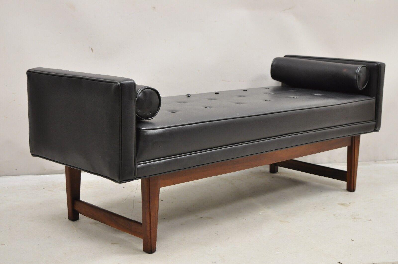 Vintage Selig Mid Century Modern Walnut Frame Even Arm Black Naugahyde Upholstered Button Tufted Bench. Circa Mid 20th Century. Measurements: 21