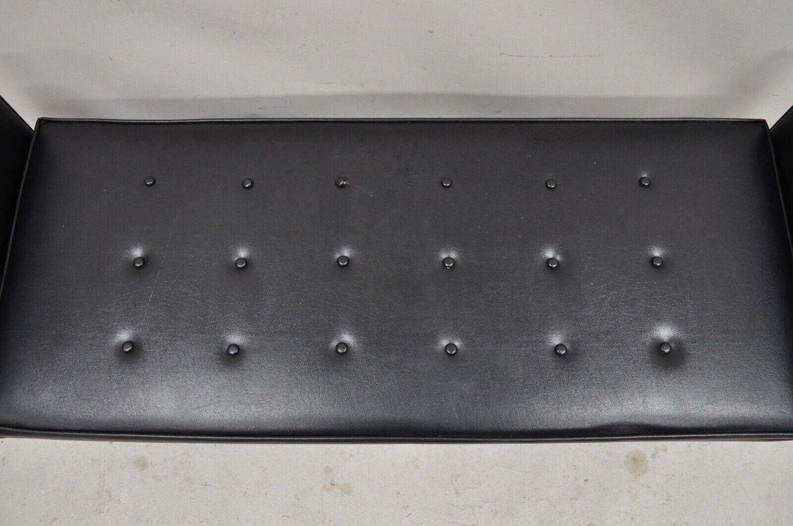 Vintage Selig Mid Century Modern Walnut Frame Upholstered Even Arm Black Bench In Good Condition In Philadelphia, PA