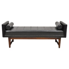 Banc Vintage Selig Mid Century Modern Frame Walnut Upholstered Even Arm Black Bench