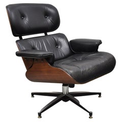 Vintage Selig Plycaft Black Leather Eames Style Walnut Swivel Tilt Lounge Chair