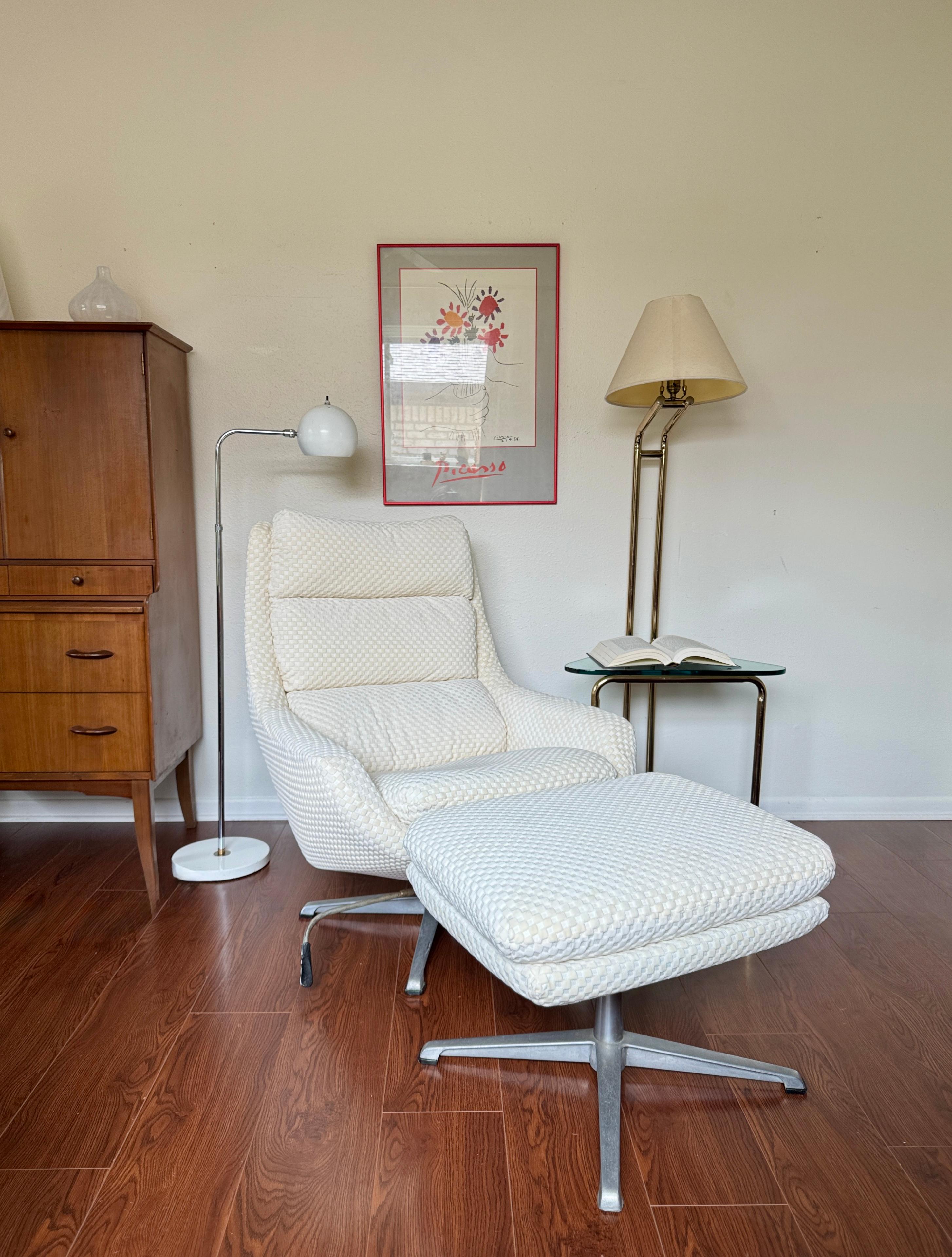 European Vintage Selig Swedish modern swivel recliner lounge chair with ottoman