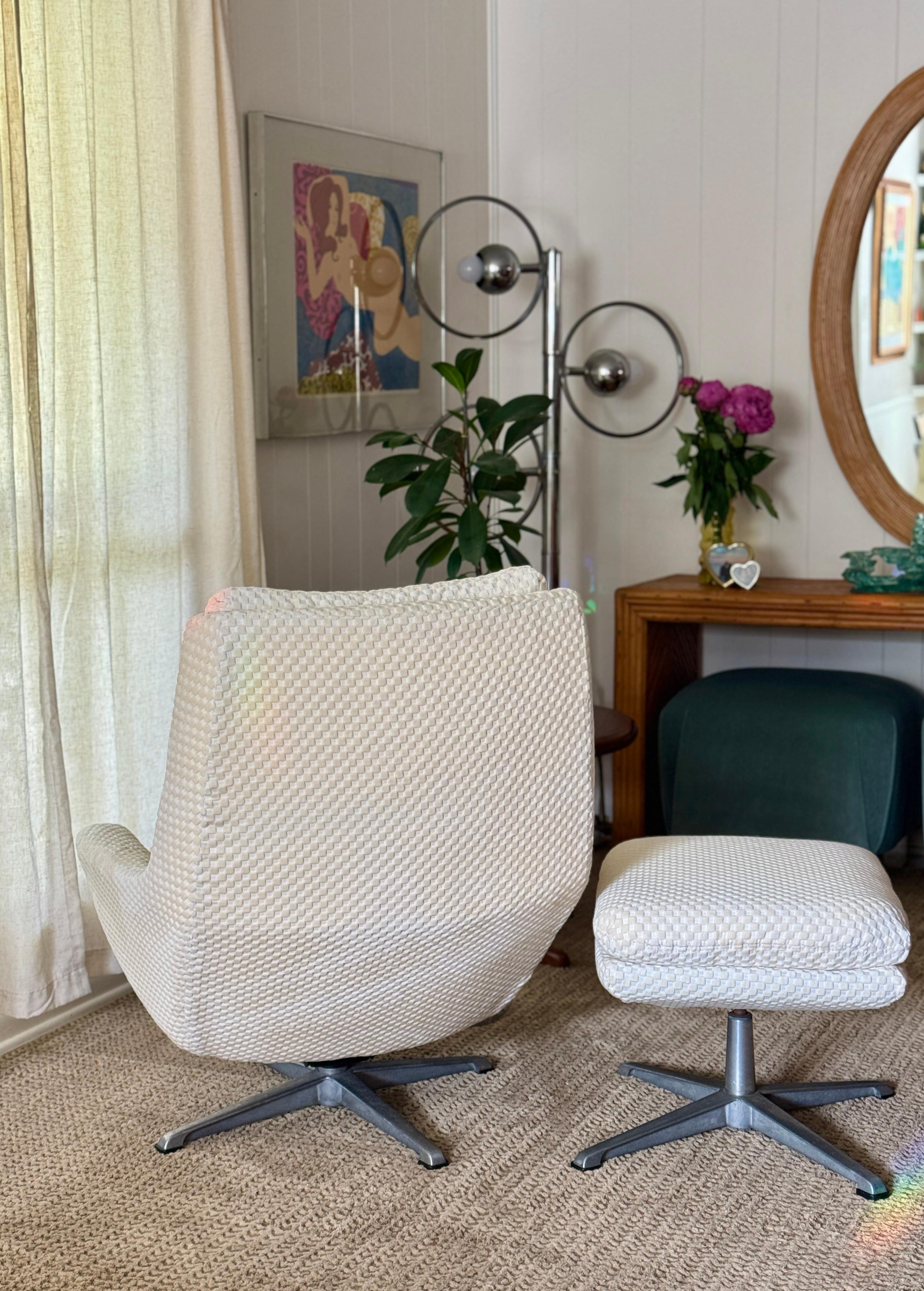 Velvet Vintage Selig Swedish modern swivel recliner lounge chair with ottoman