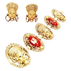 Retro Selro Asian Princess Gold, Cinnabar & Faux Ivory Bracelet & Earrings S/3