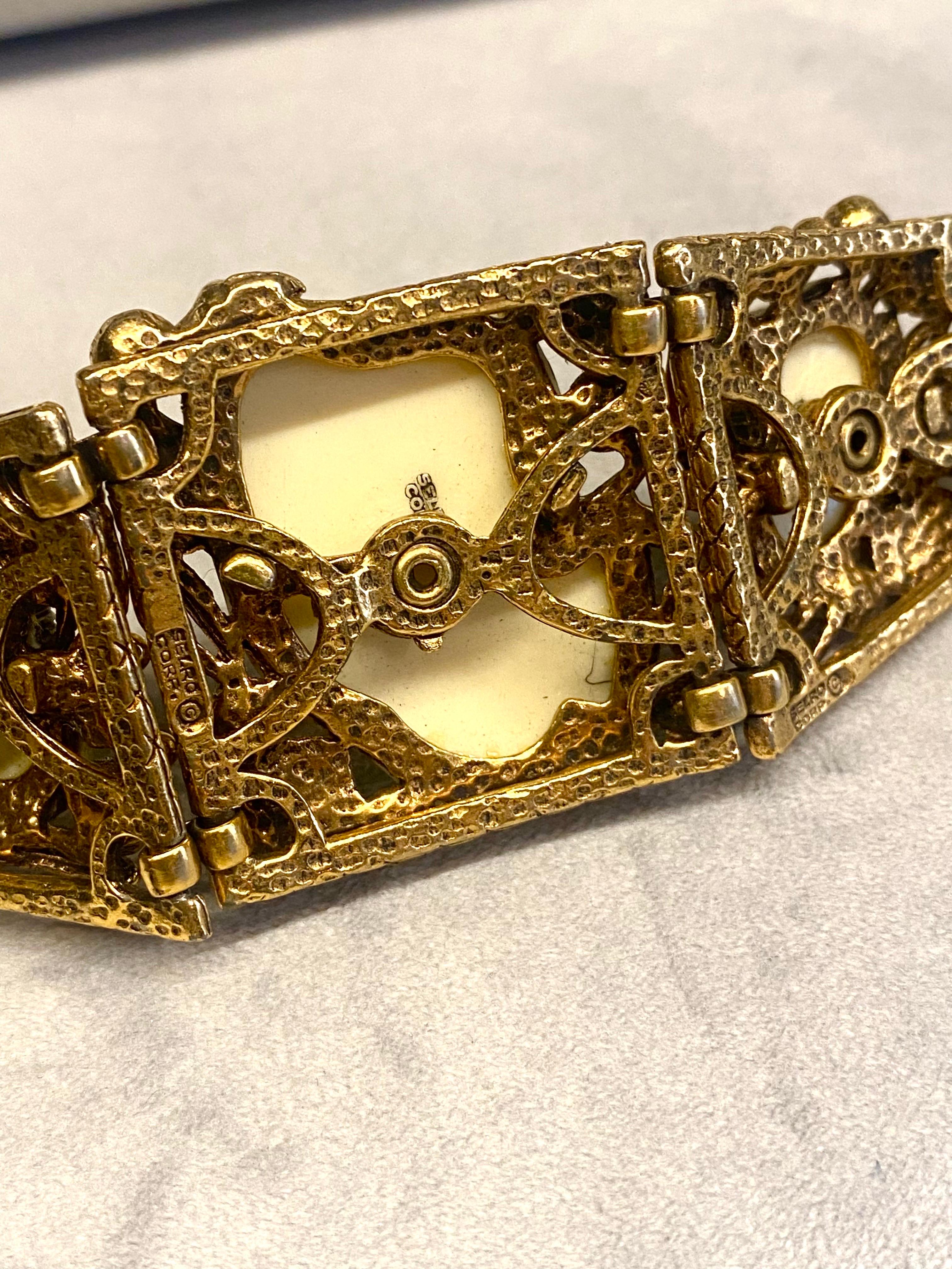 Vintage Selro Gold Noh Devil Face Gold Tone & Glass Stone Wide Bracelet For Sale 6