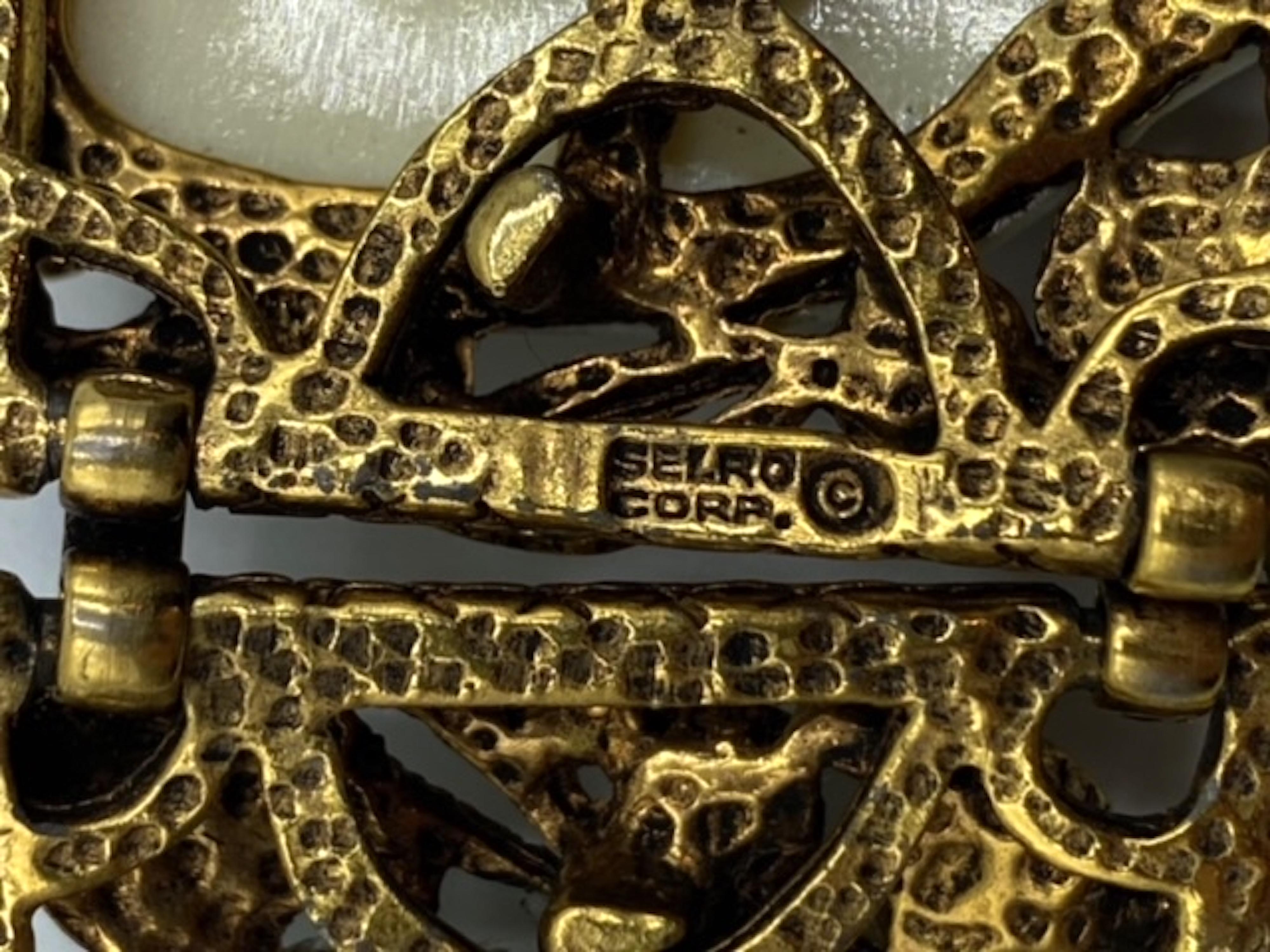 Vintage Selro Gold Noh Devil Face Gold Tone & Glass Stone Wide Bracelet For Sale 7